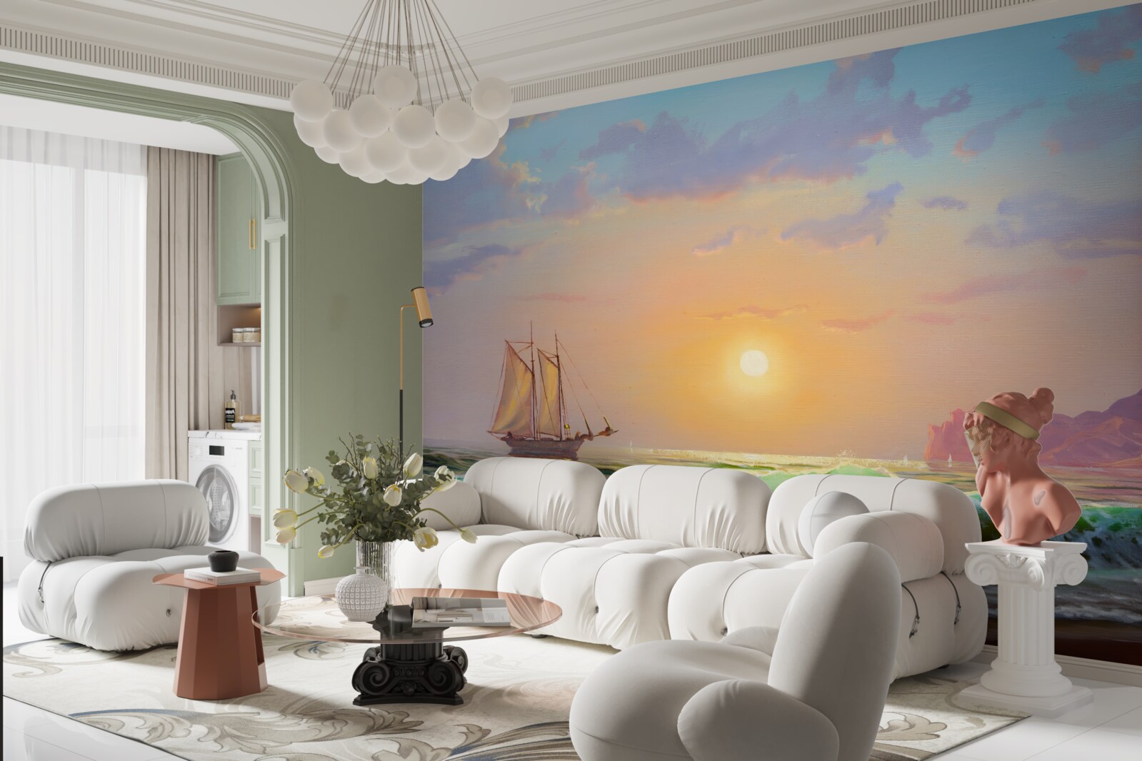 Fototapet nava navighează pe fundalul apusului de soare