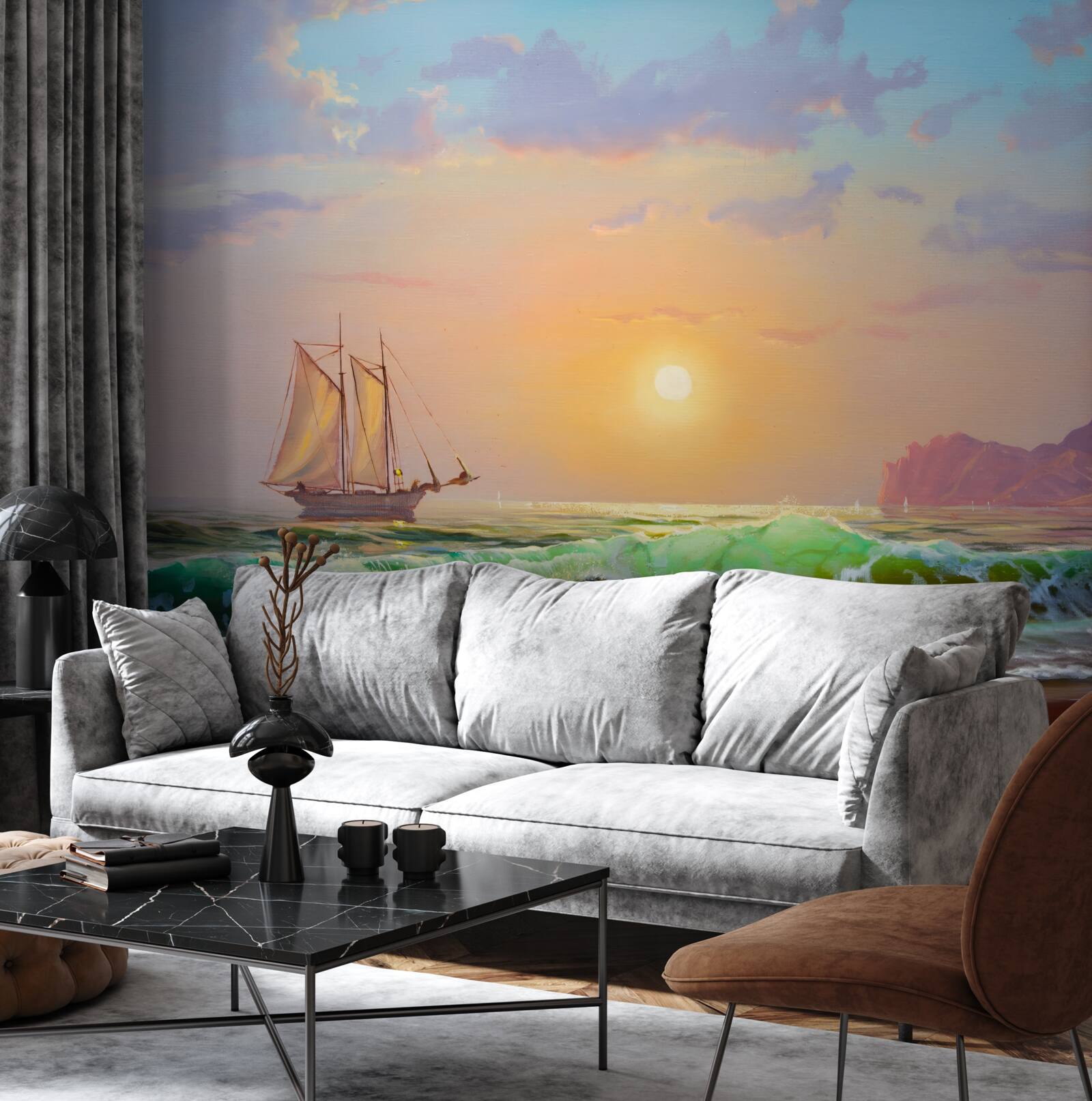 Fototapet nava navighează pe fundalul apusului de soare