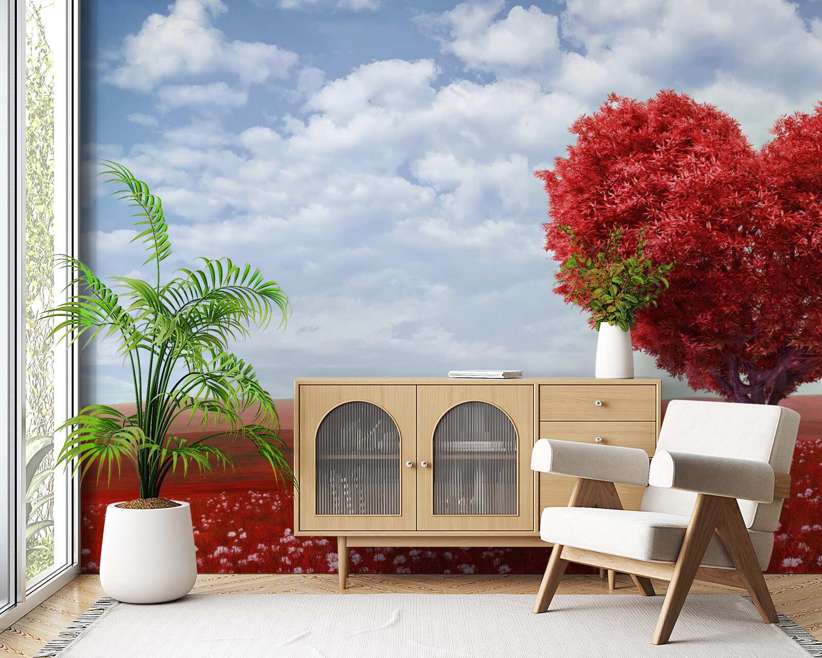 Fototapet copac în formă de inimă cu frunze cărămizii