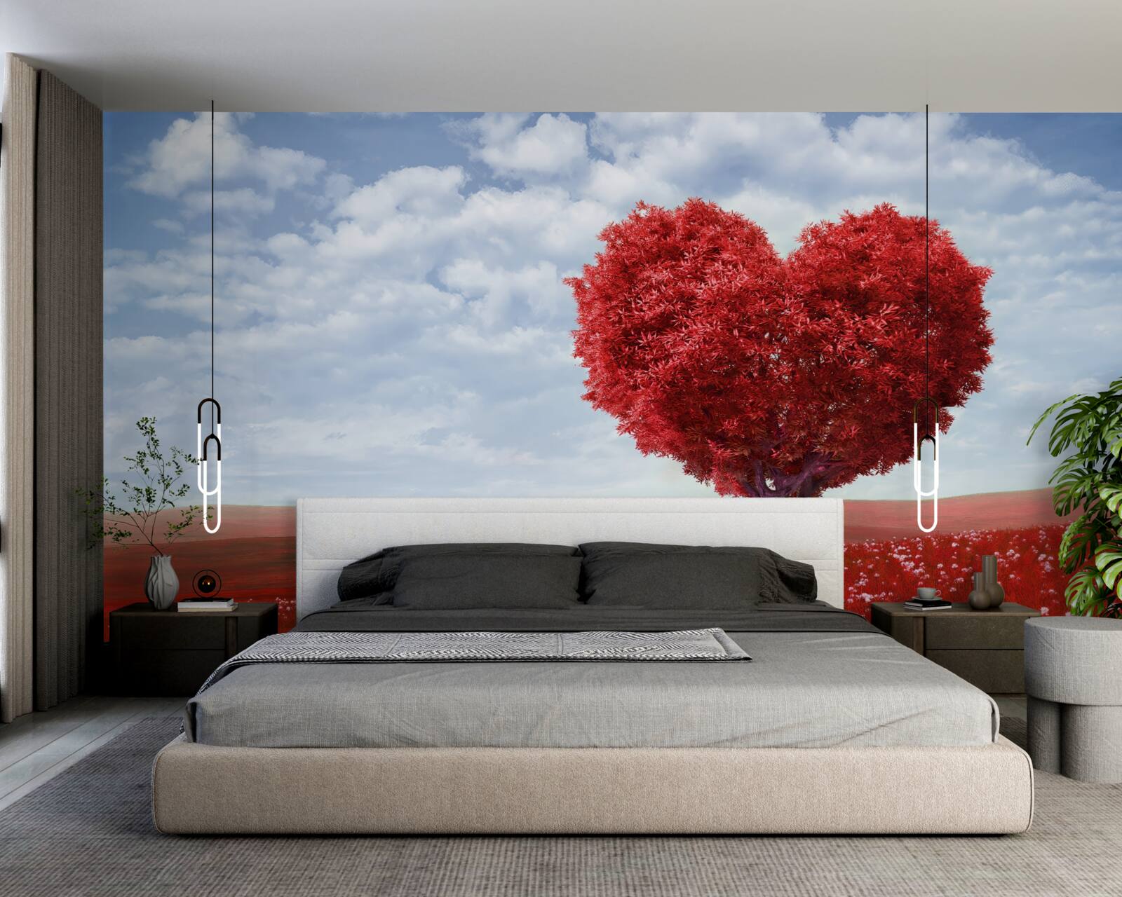 Fototapet copac în formă de inimă cu frunze cărămizii