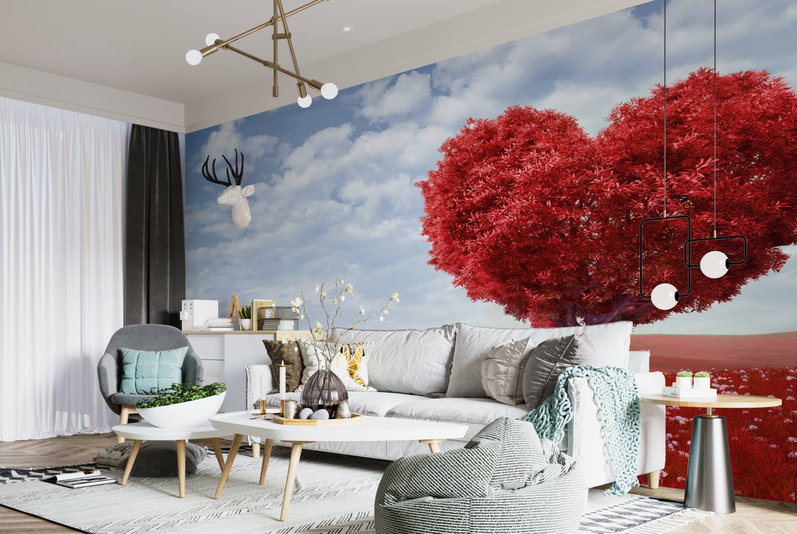 Fototapet copac în formă de inimă cu frunze cărămizii