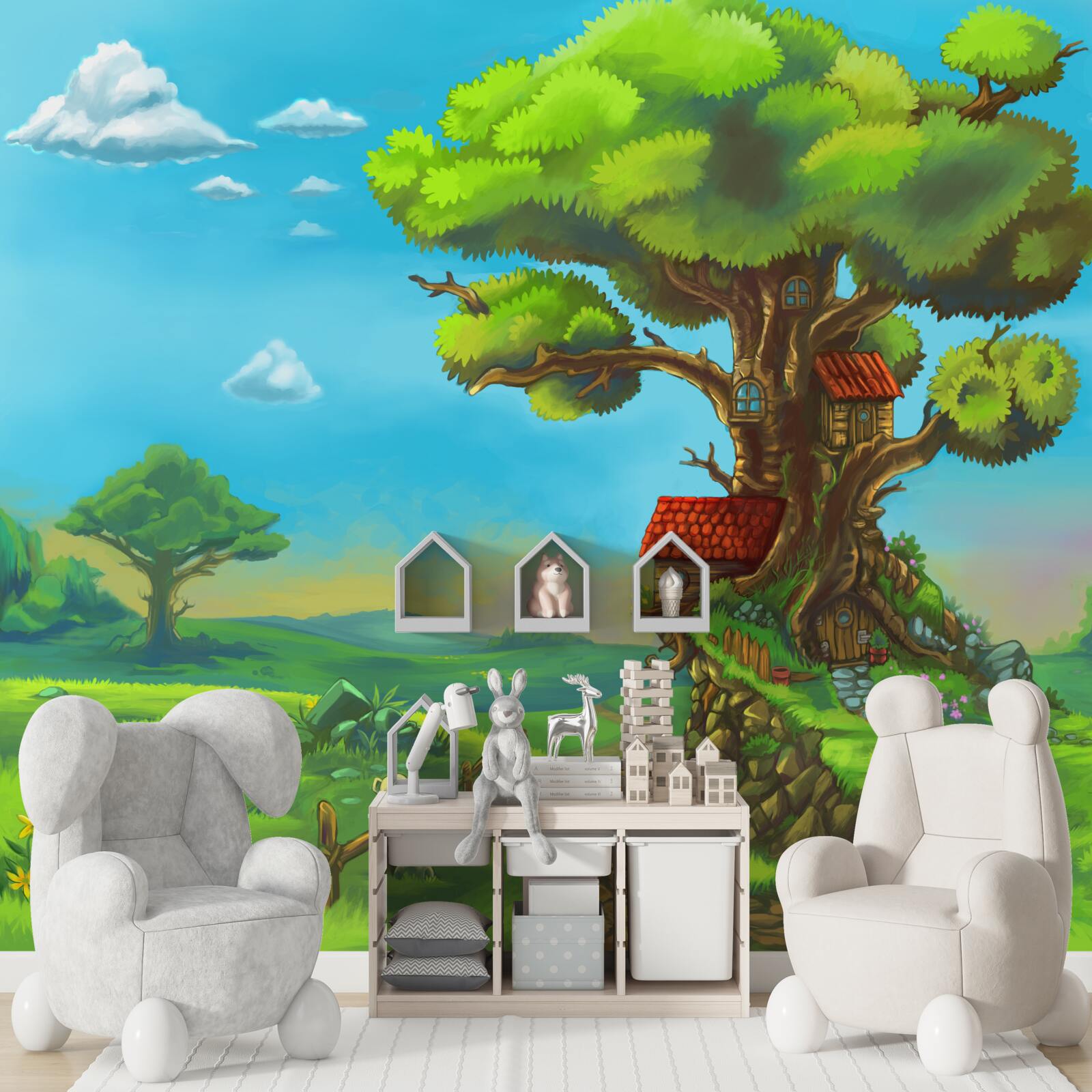 Fototapet cabane magice din copaci cu frunze