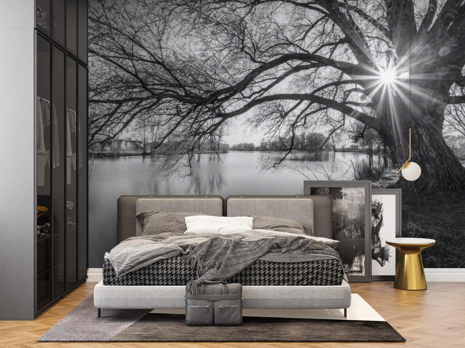 Fototapet o rază de soare pătrunde printre ramurile unui copac din apropierea apei