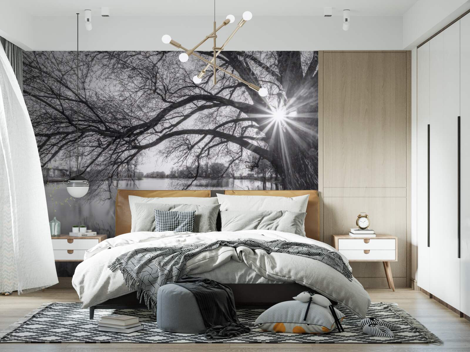 Fototapet o rază de soare pătrunde printre ramurile unui copac din apropierea apei