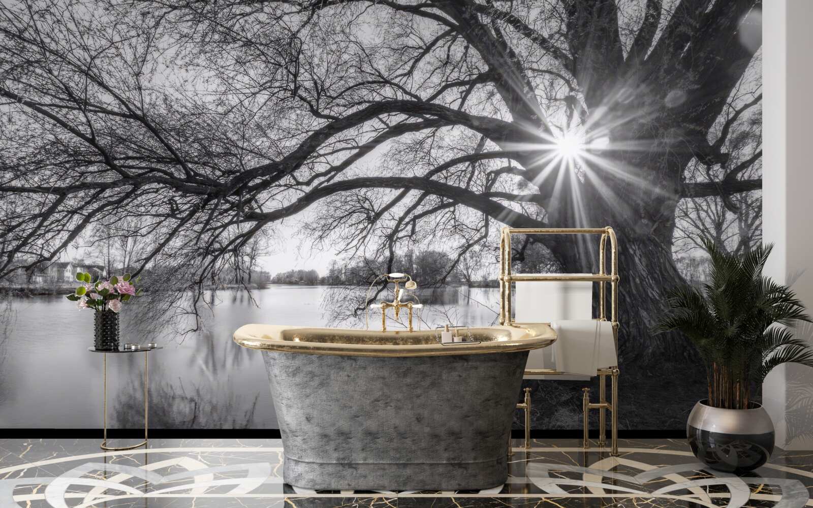 Fototapet o rază de soare pătrunde printre ramurile unui copac din apropierea apei