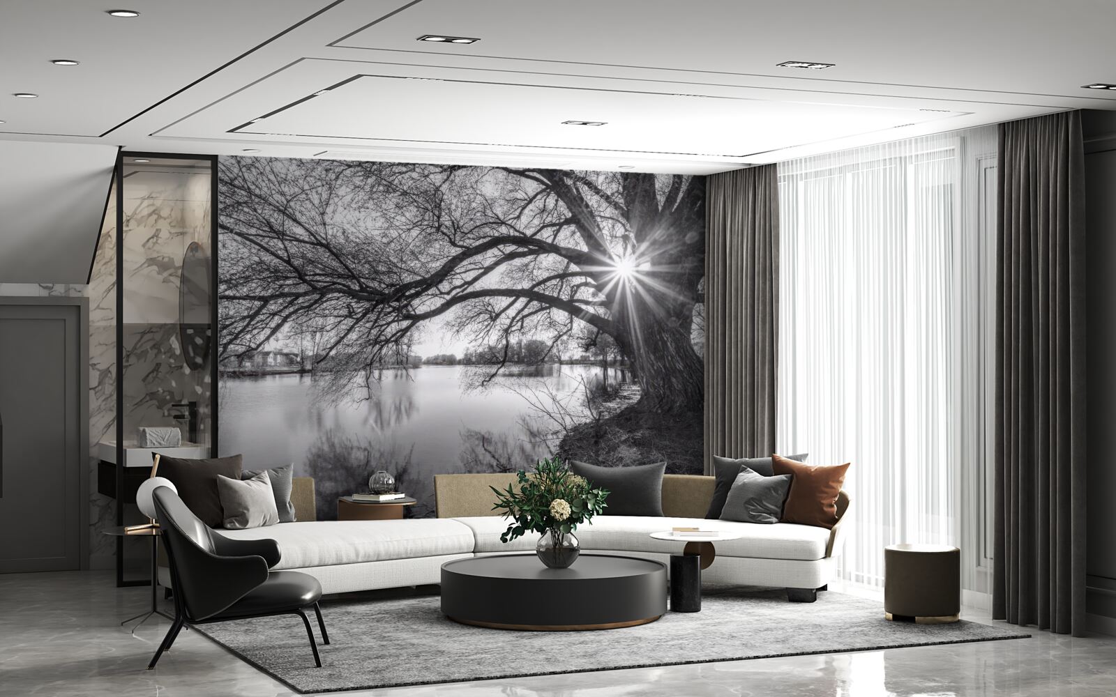 Fototapet o rază de soare pătrunde printre ramurile unui copac din apropierea apei