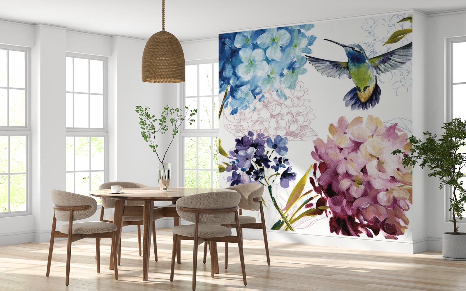 Fototapet pasăre colibri descrisă printre flori