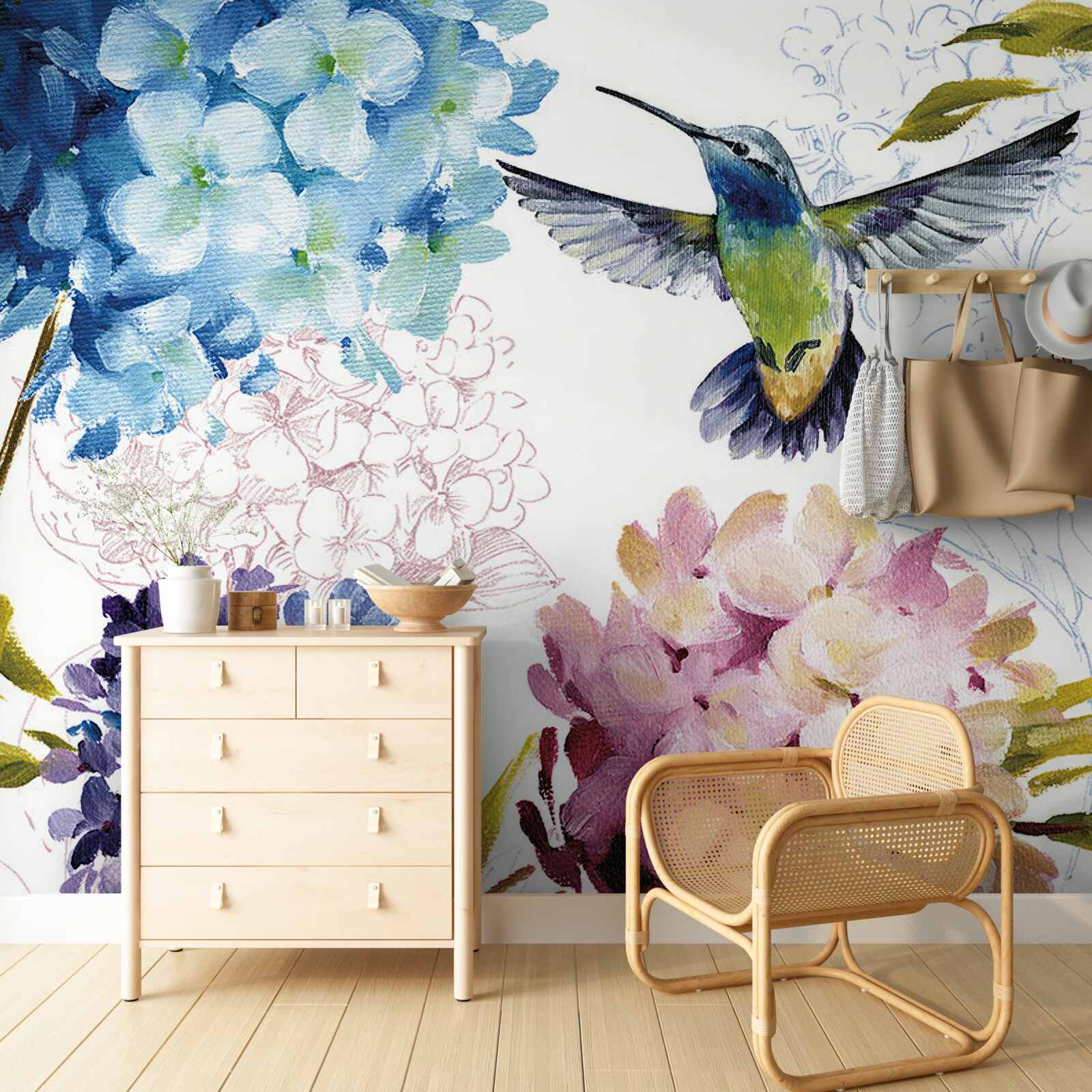 Fototapet pasăre colibri descrisă printre flori