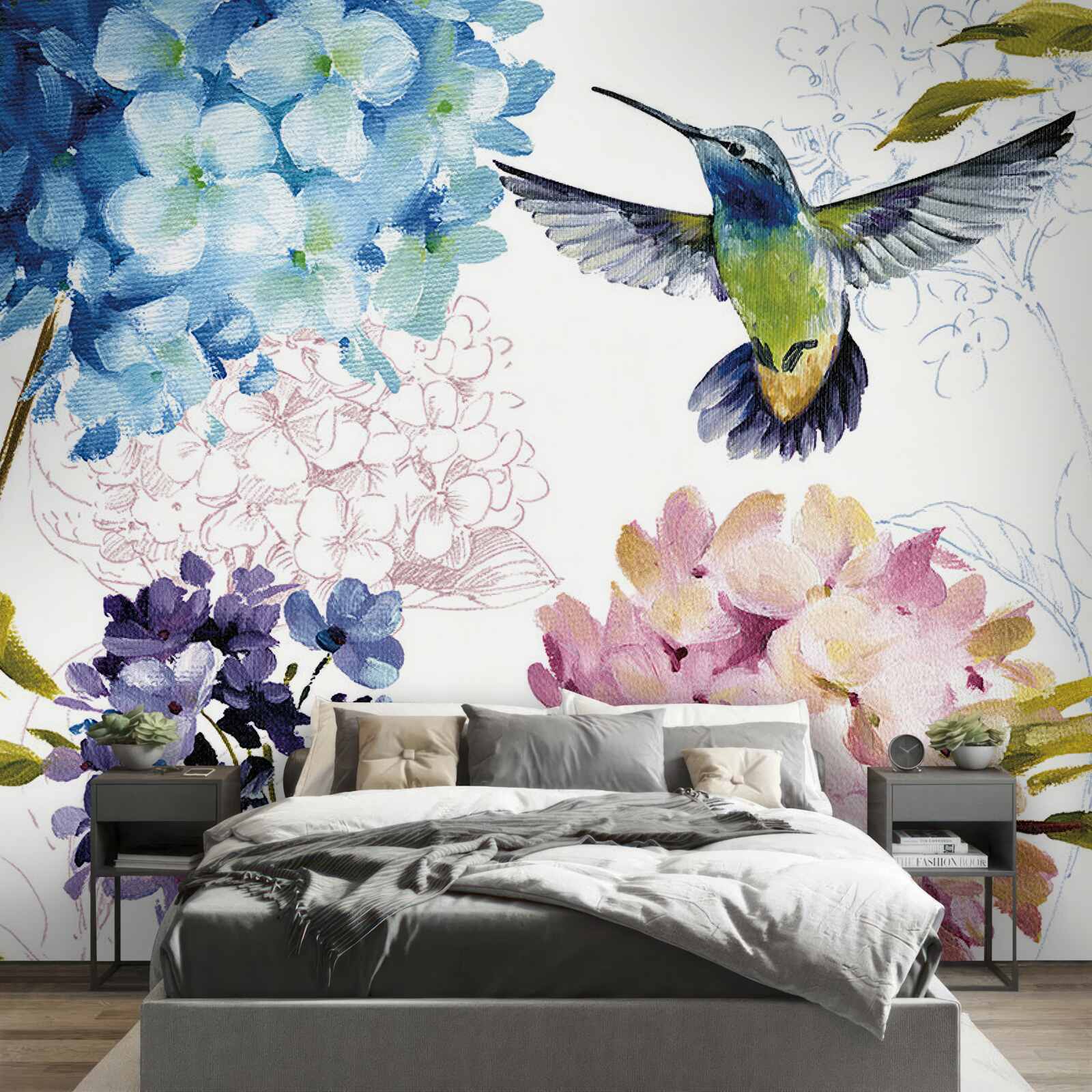 Fototapet pasăre colibri descrisă printre flori