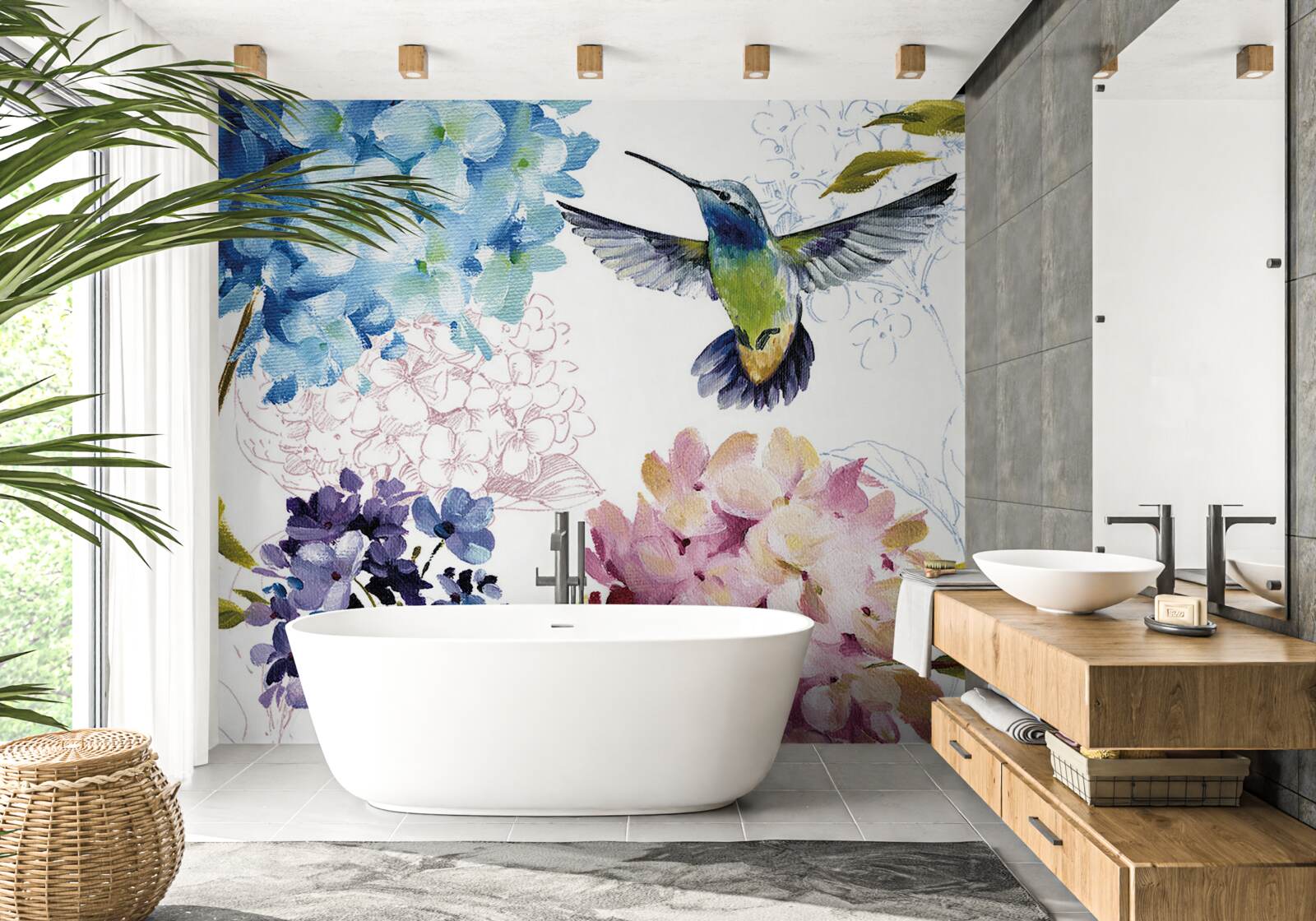 Fototapet pasăre colibri descrisă printre flori