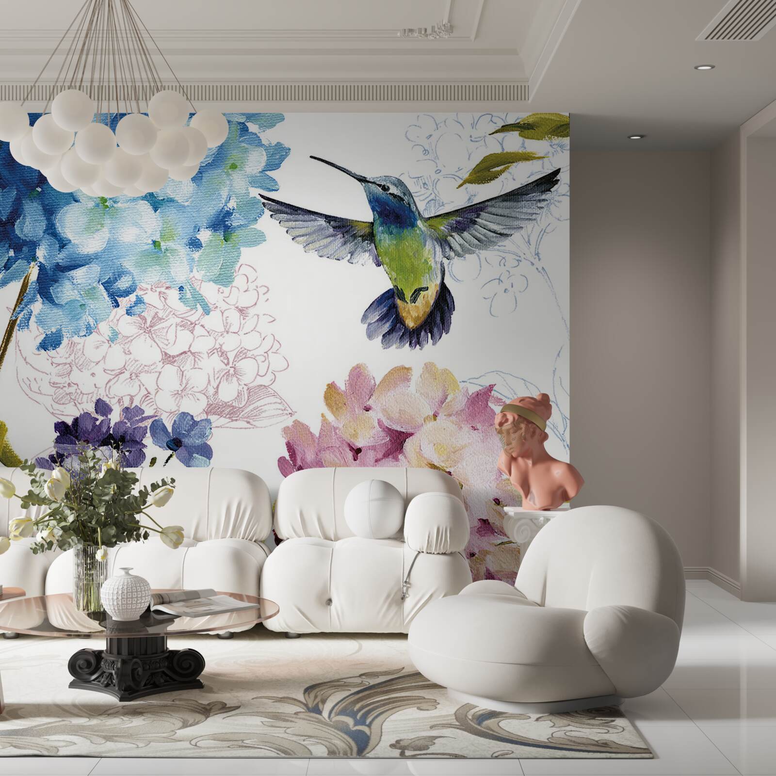 Fototapet pasăre colibri descrisă printre flori