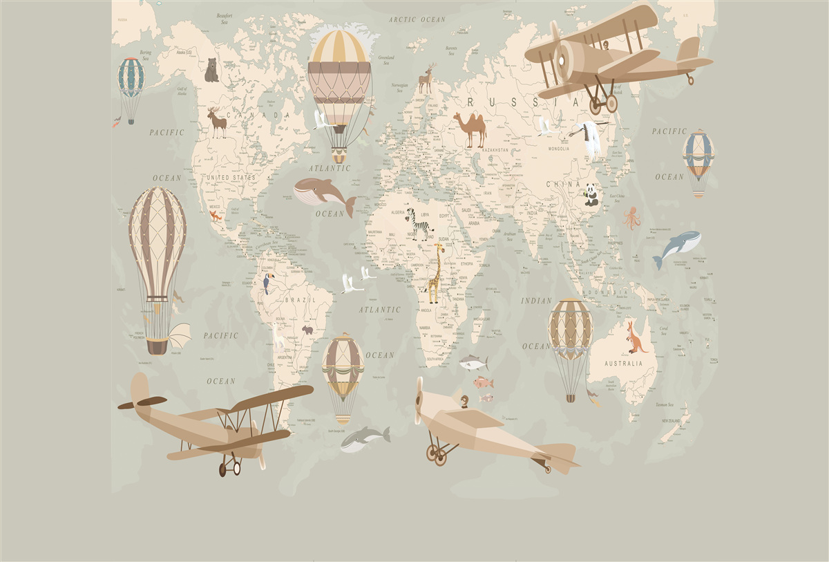 Fototapet harta lumii și diferite tipuri de transport aerian