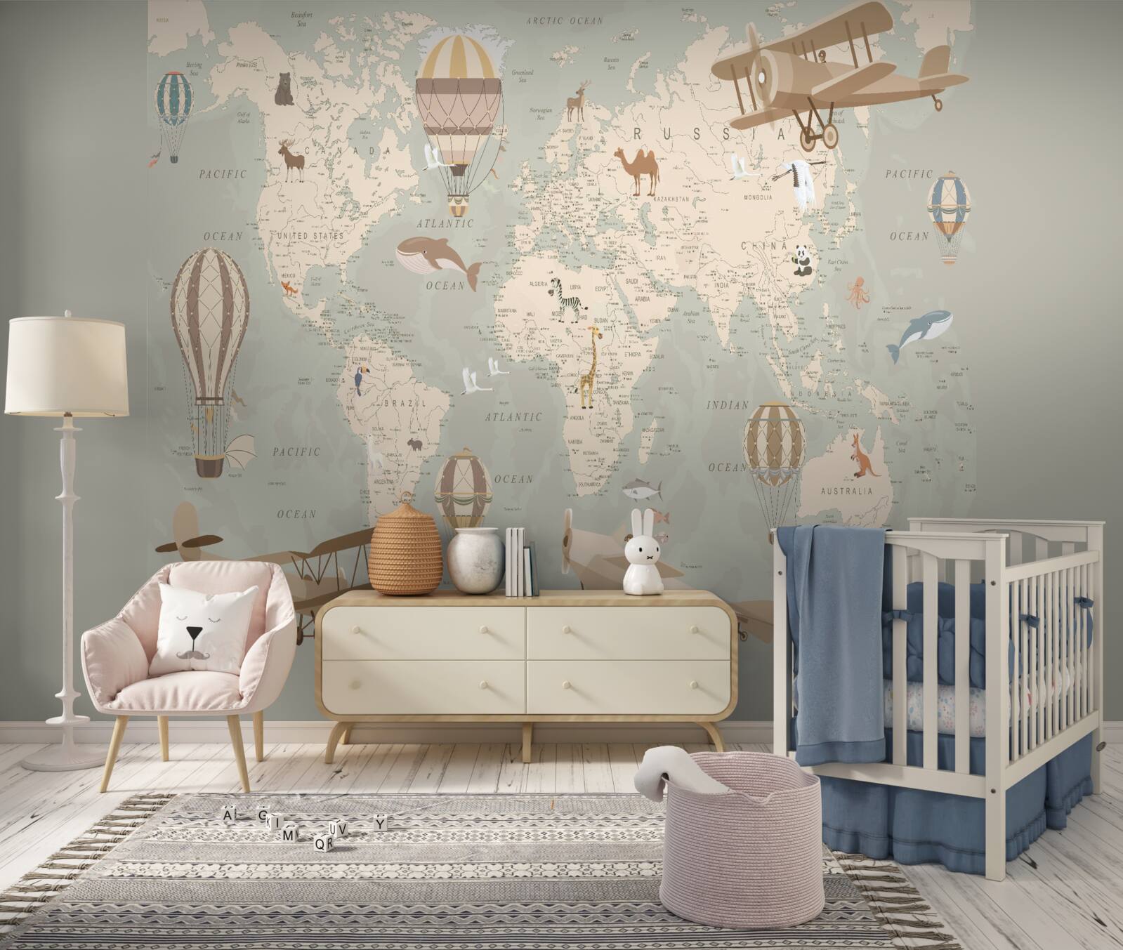 Fototapet harta lumii și diferite tipuri de transport aerian