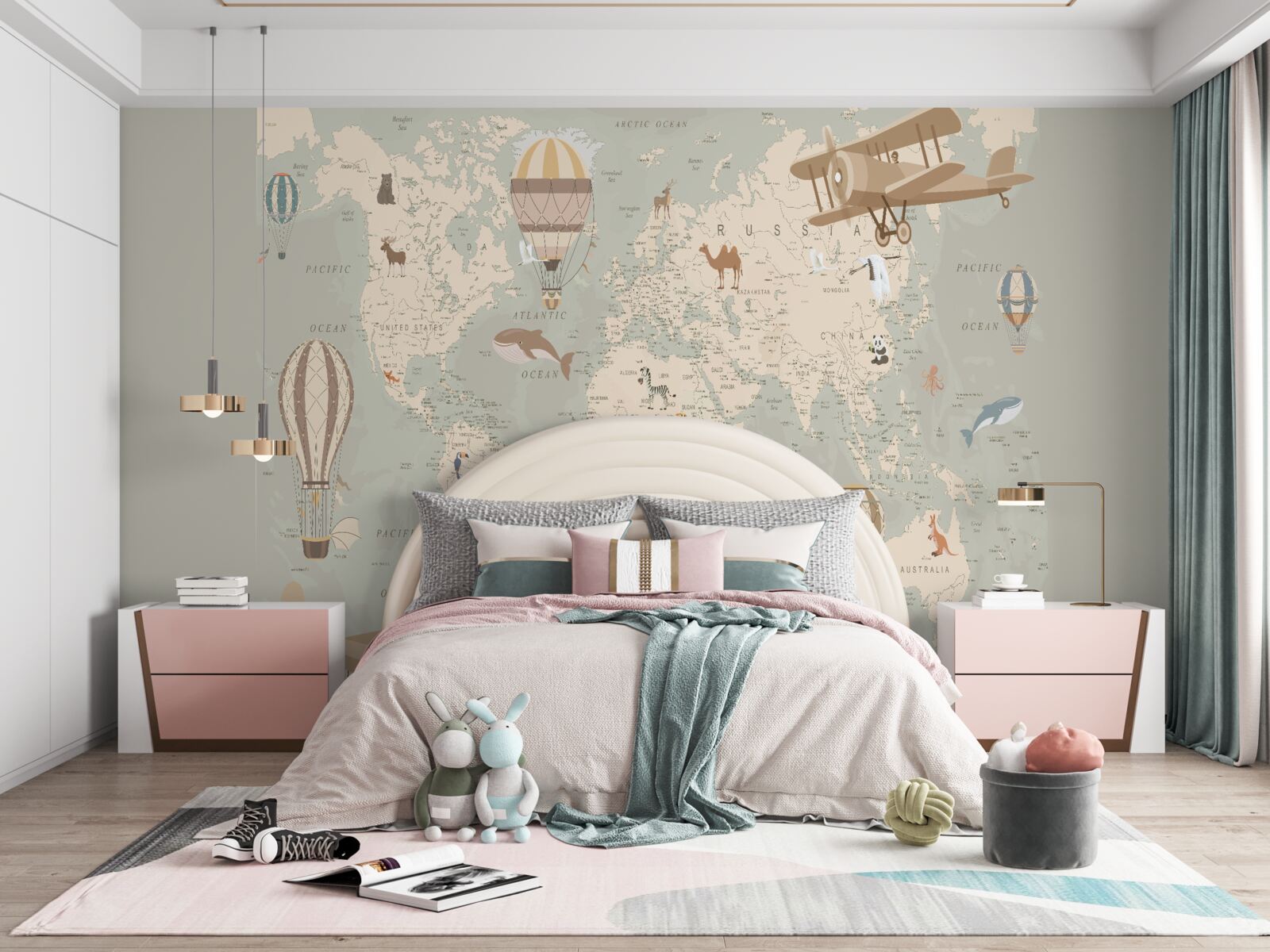 Fototapet harta lumii și diferite tipuri de transport aerian