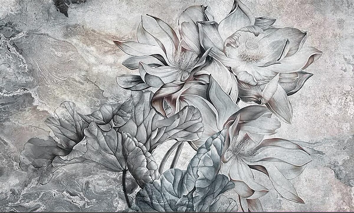 Fototapet flori mari de formă neobișnuită, desenate manual