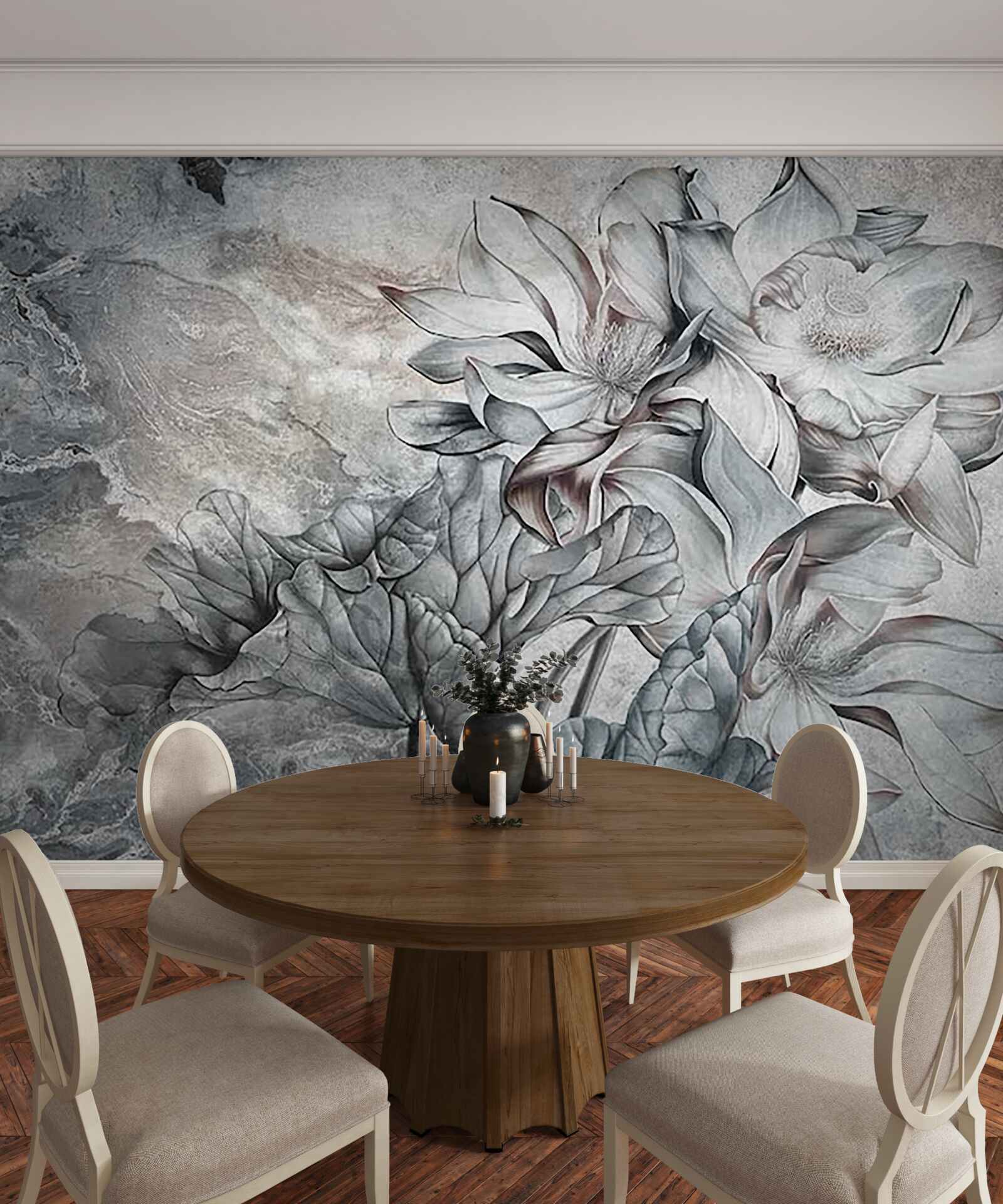 Fototapet flori mari de formă neobișnuită, desenate manual