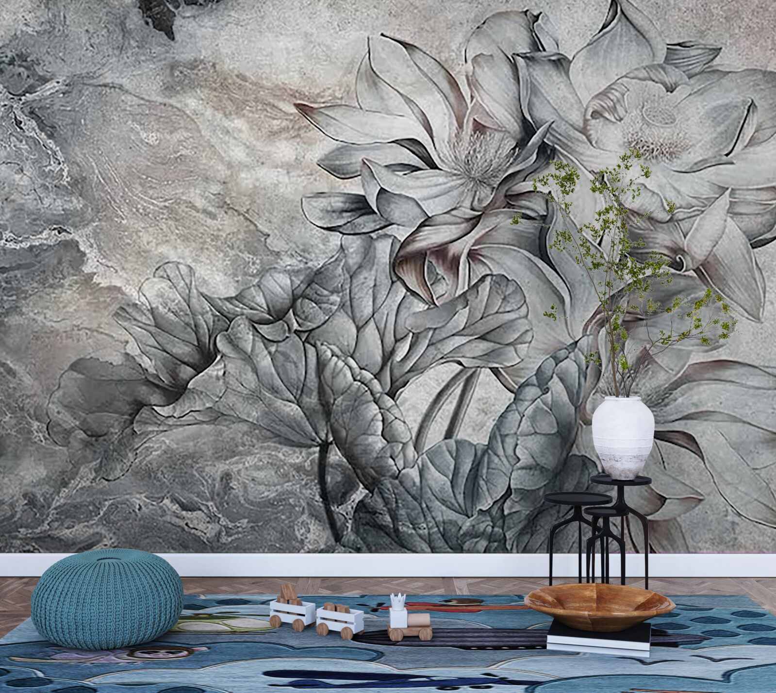 Fototapet flori mari de formă neobișnuită, desenate manual