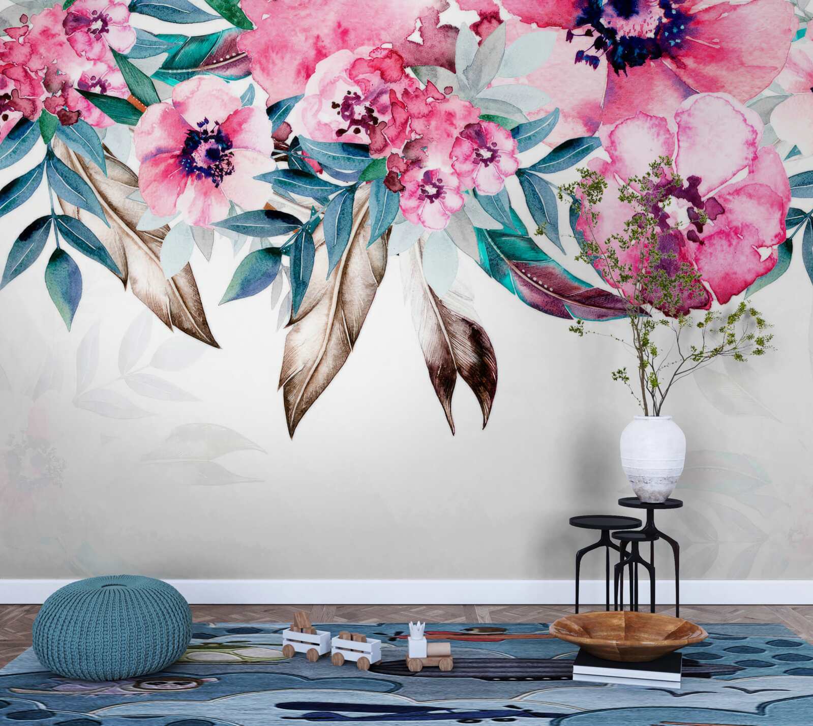 Fototapet flori pictate în nuanțe de roz