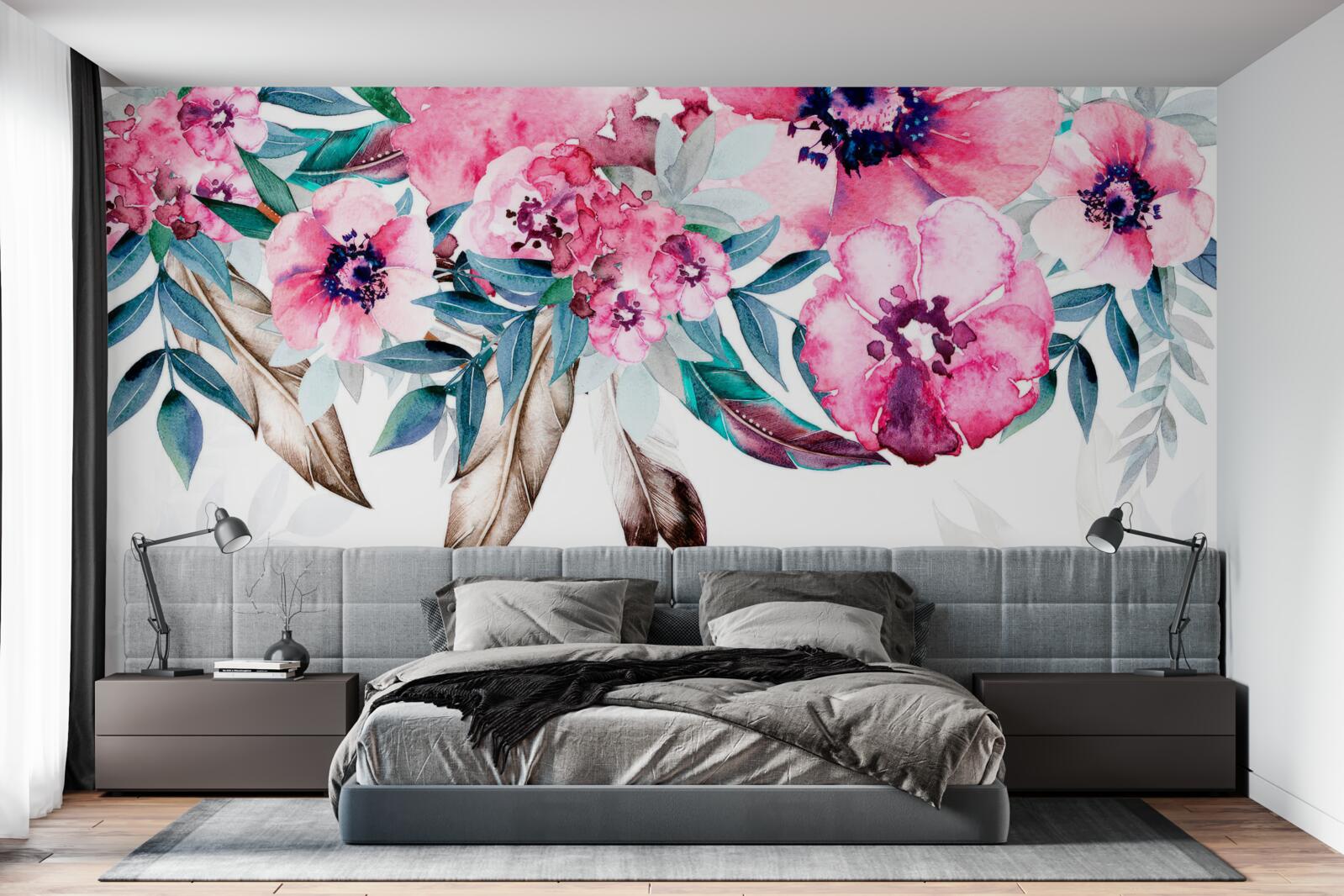 Fototapet flori pictate în nuanțe de roz