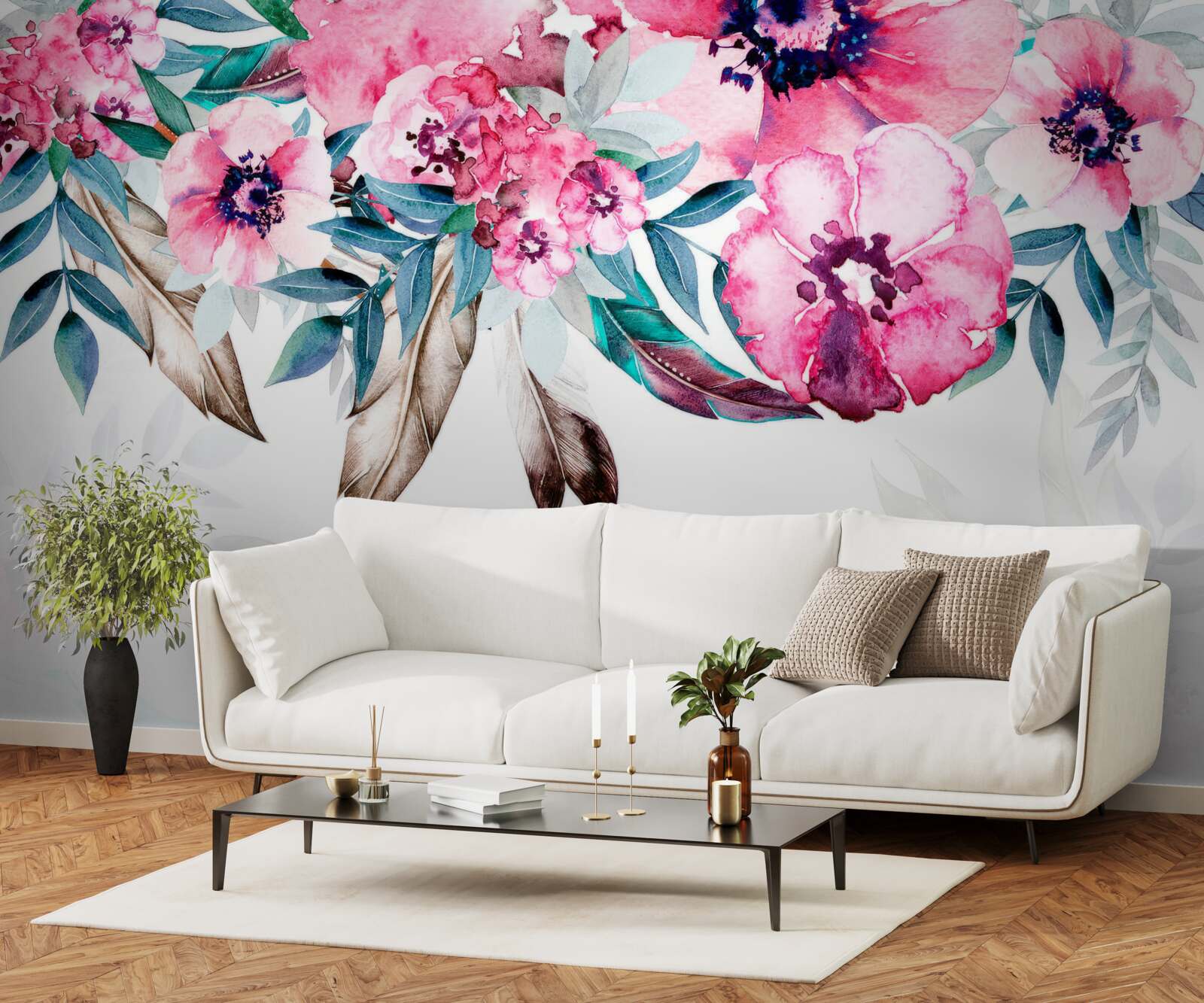 Fototapet flori pictate în nuanțe de roz