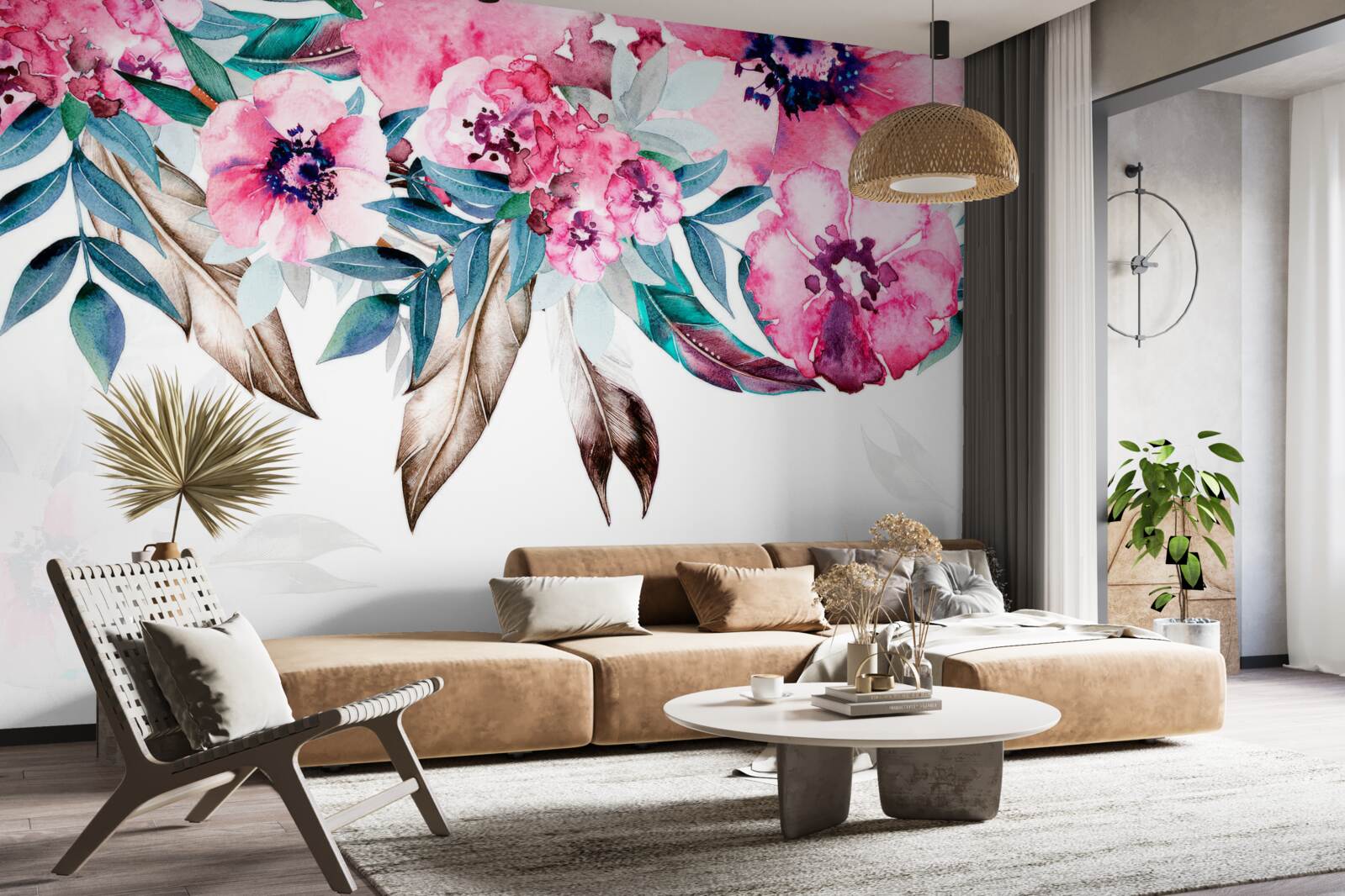 Fototapet flori pictate în nuanțe de roz