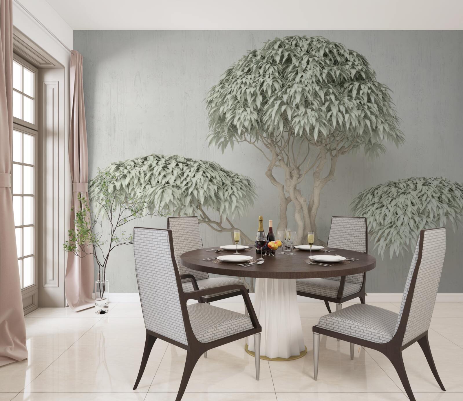 Fototapet copac cu frunze pe un fundal gri