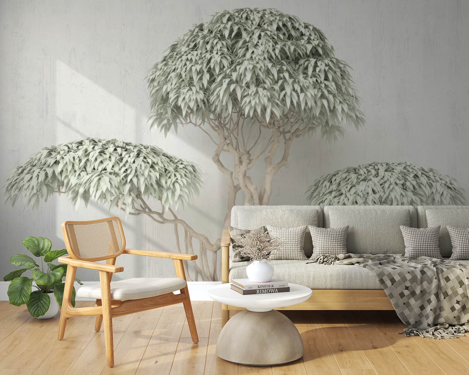 Fototapet copac cu frunze pe un fundal gri