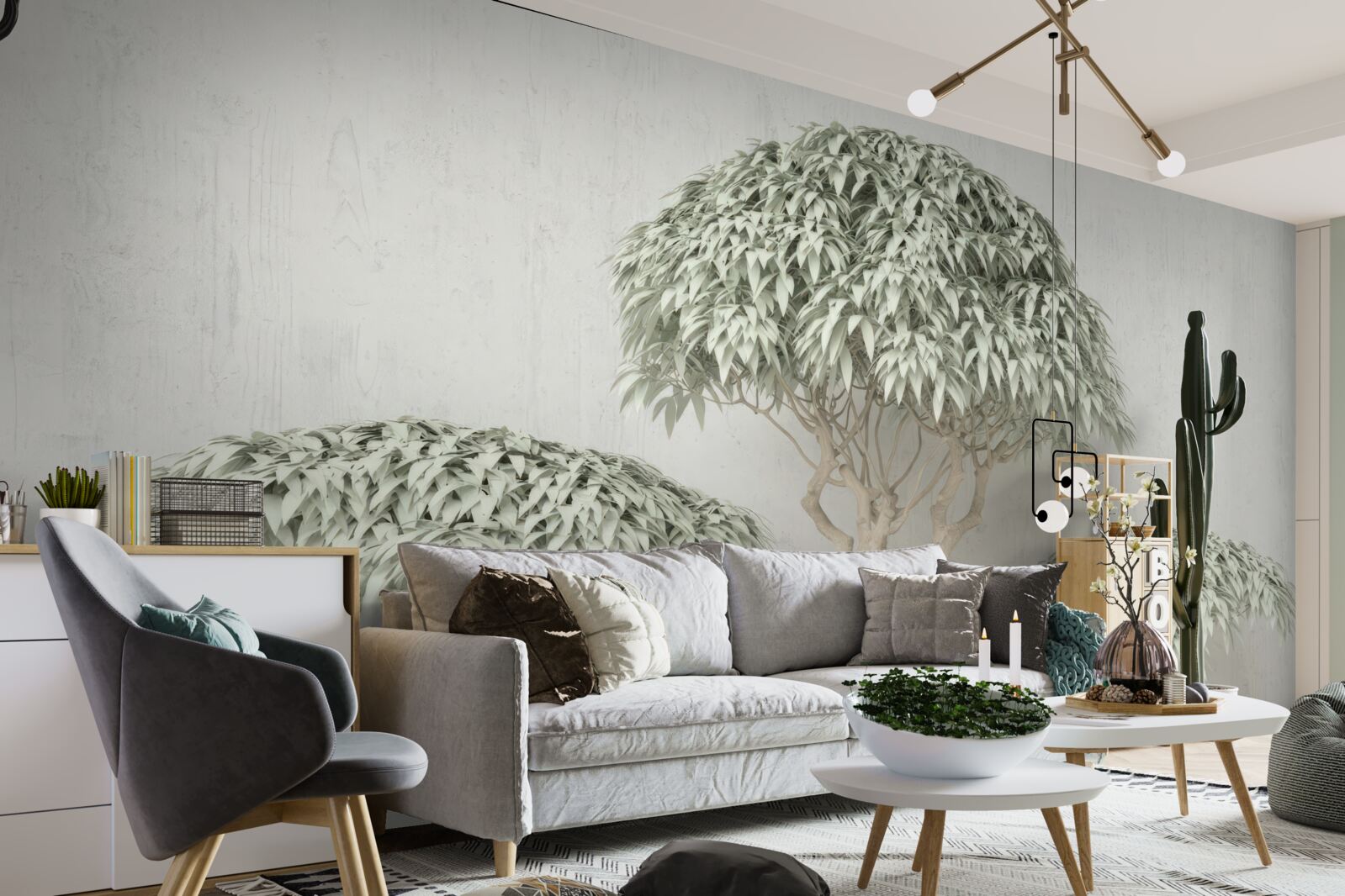 Fototapet copac cu frunze pe un fundal gri