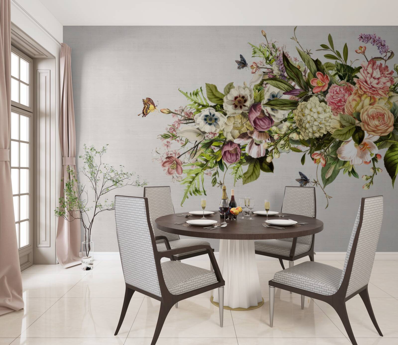 Fototapet fluturii zboară pe flori frumoase