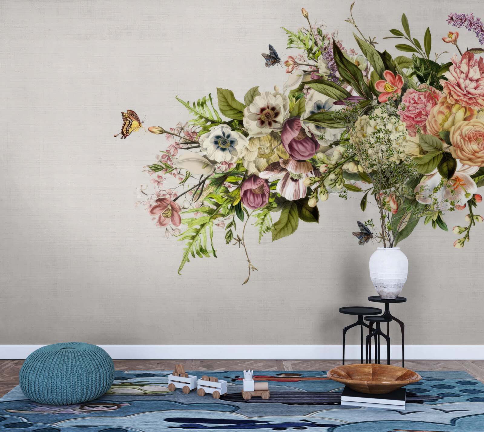 Fototapet fluturii zboară pe flori frumoase