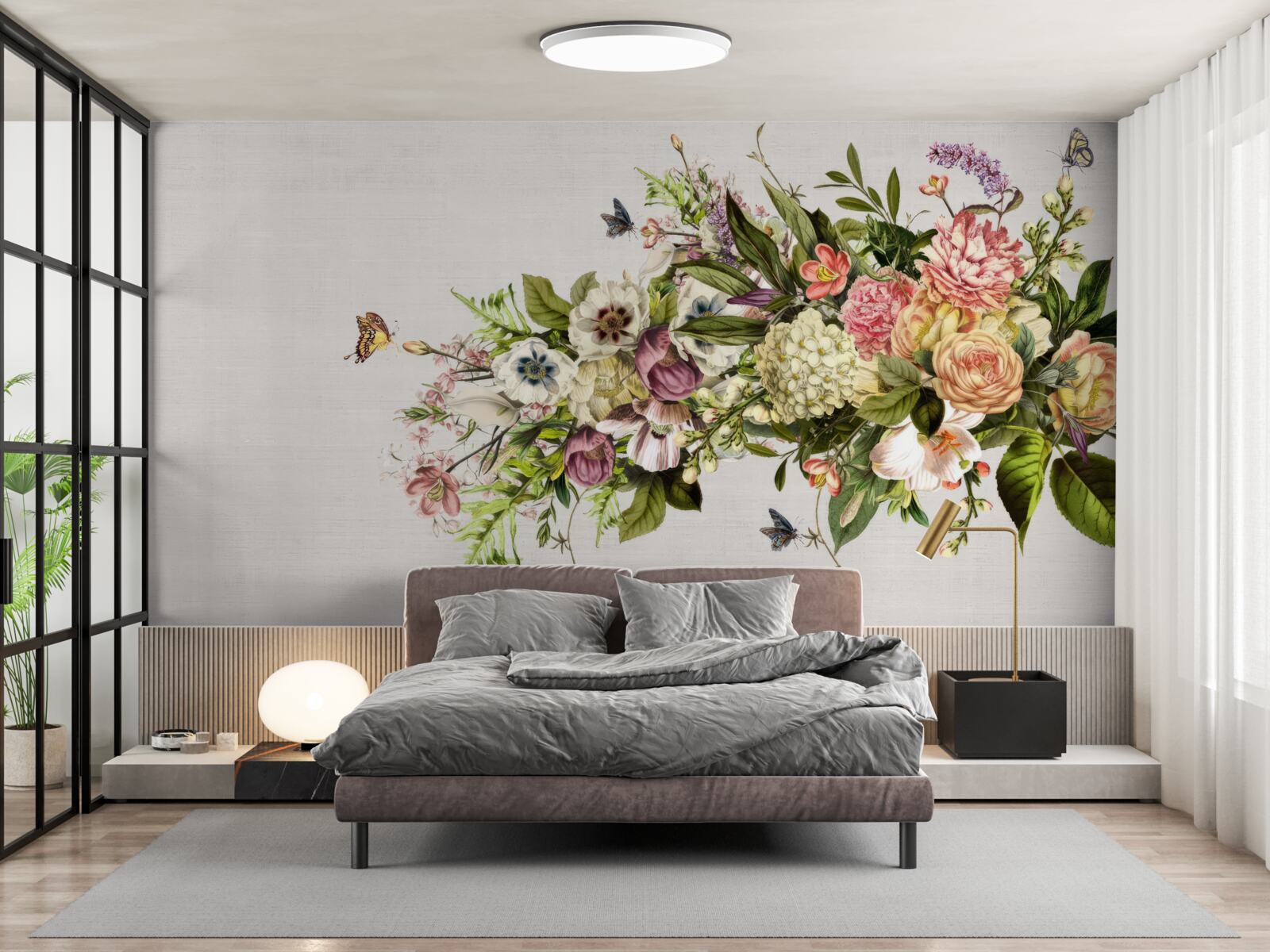 Fototapet fluturii zboară pe flori frumoase