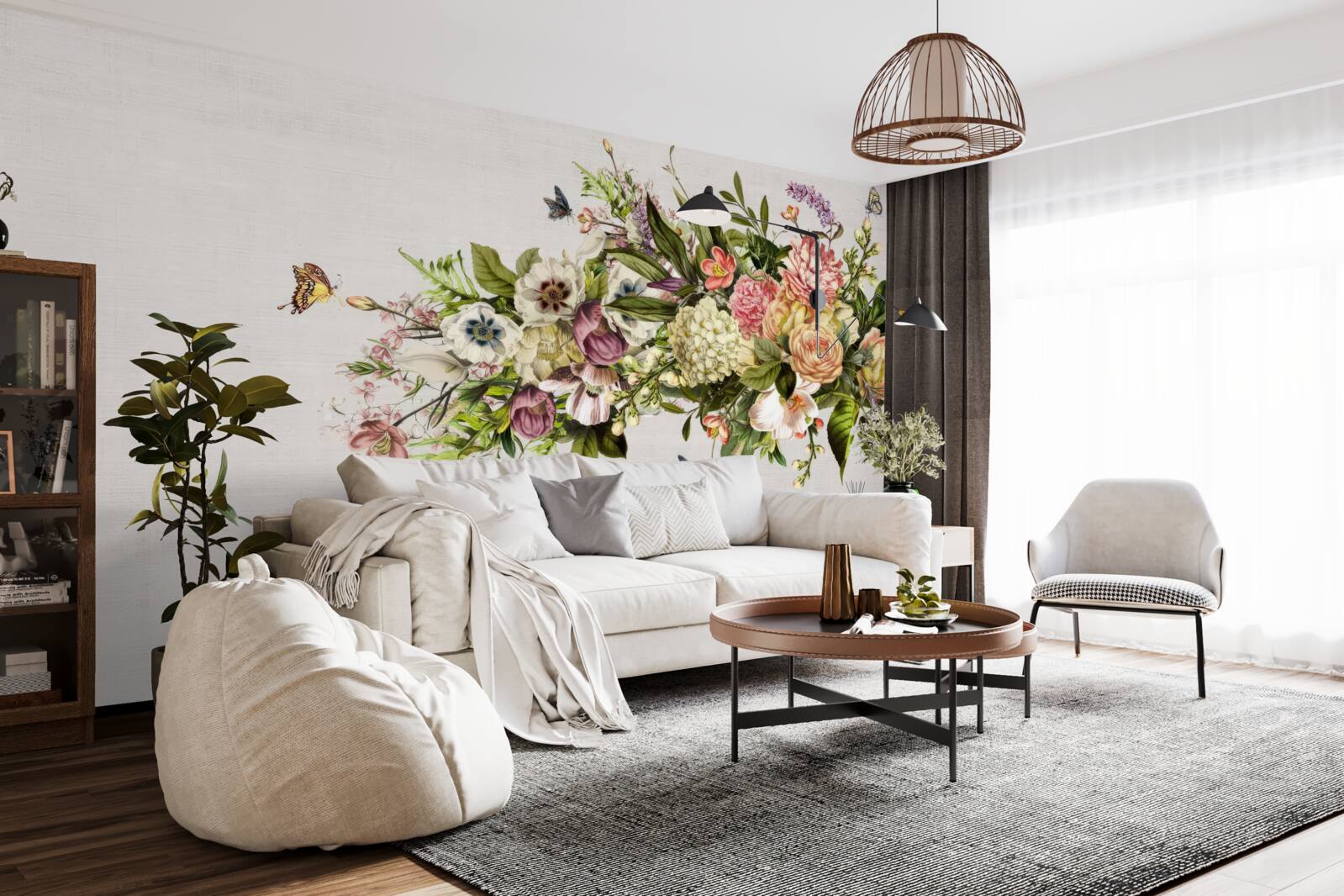 Fototapet fluturii zboară pe flori frumoase