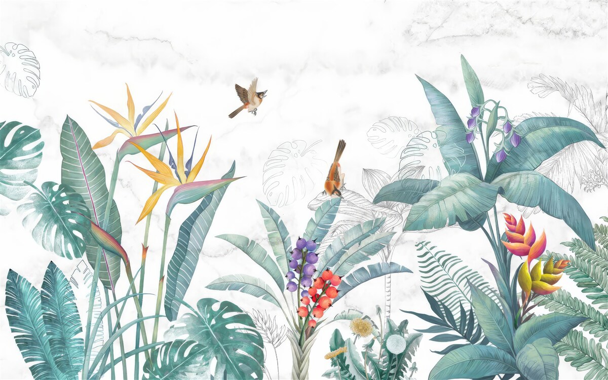 Fototapet diverse frunze și păsări