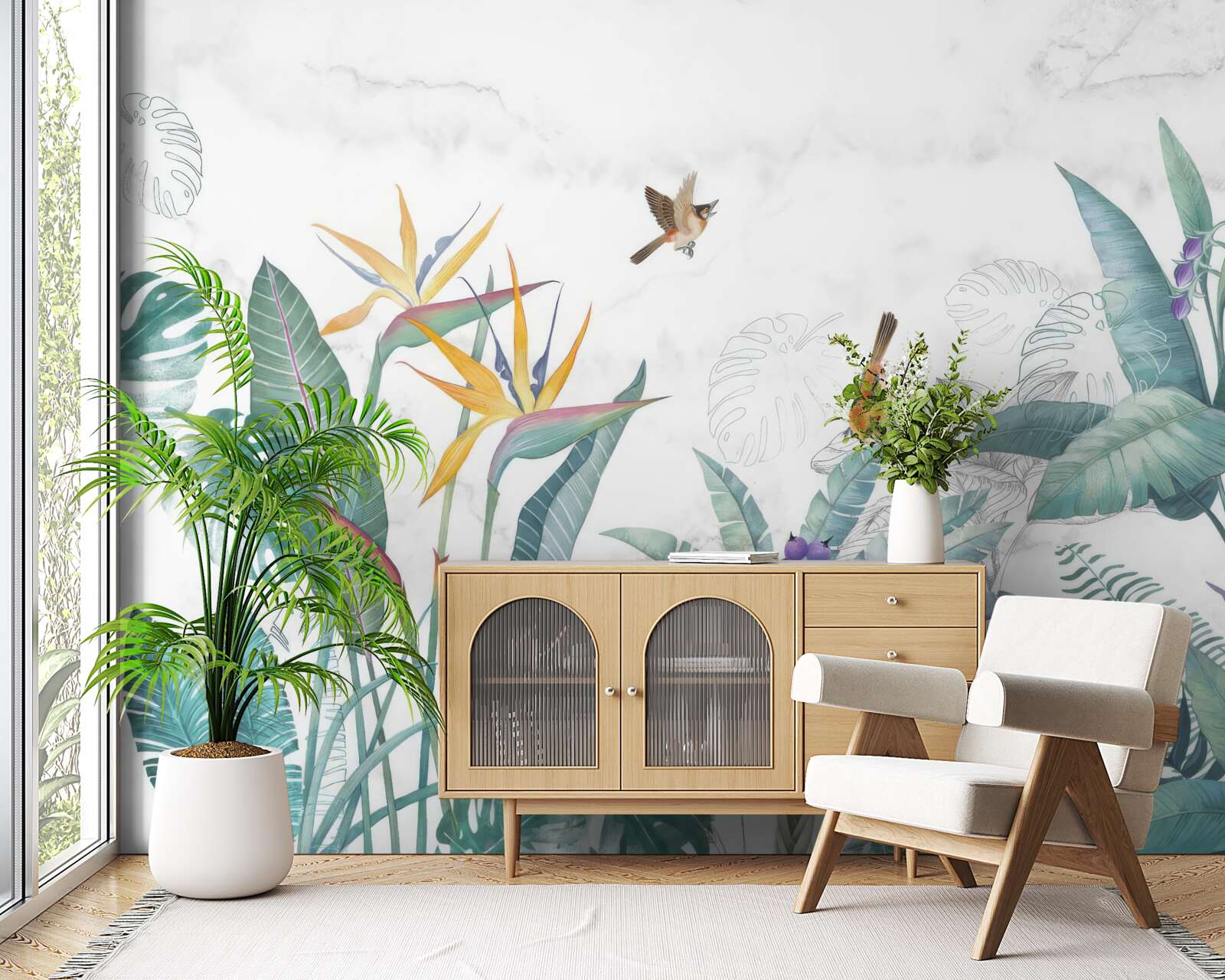 Fototapet diverse frunze și păsări