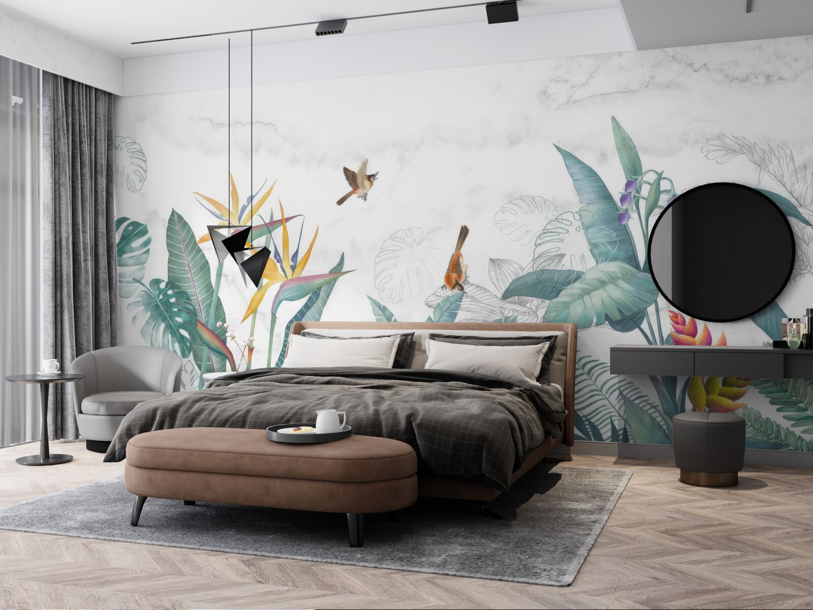 Fototapet diverse frunze și păsări