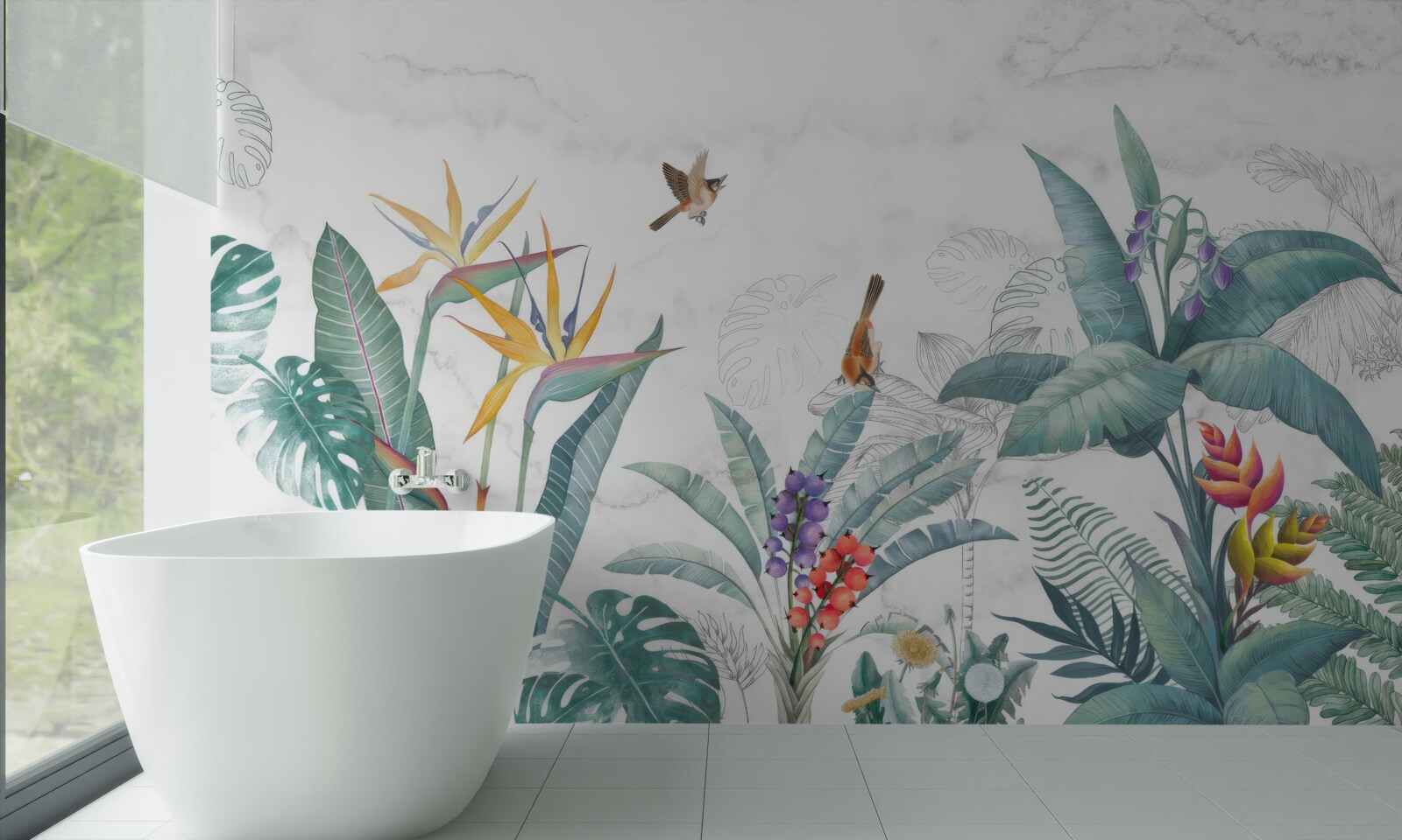 Fototapet diverse frunze și păsări