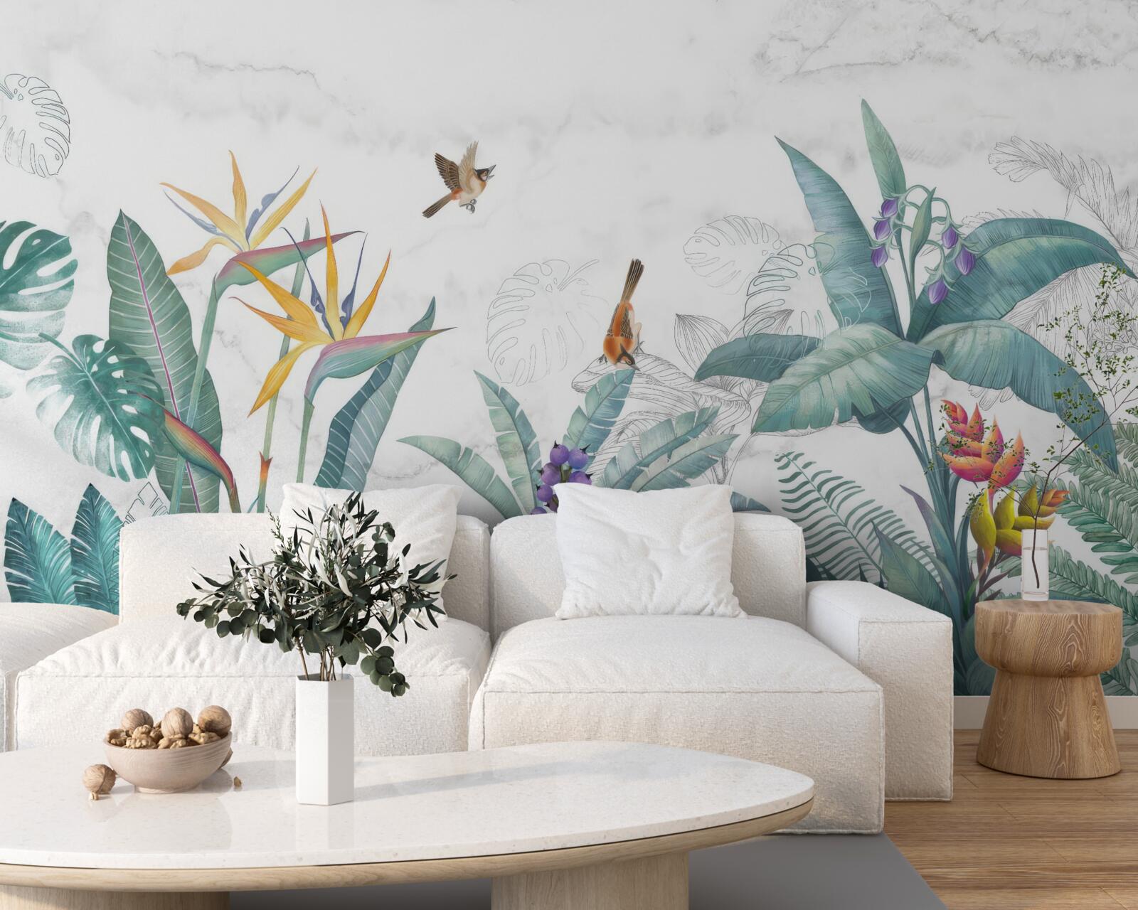 Fototapet diverse frunze și păsări