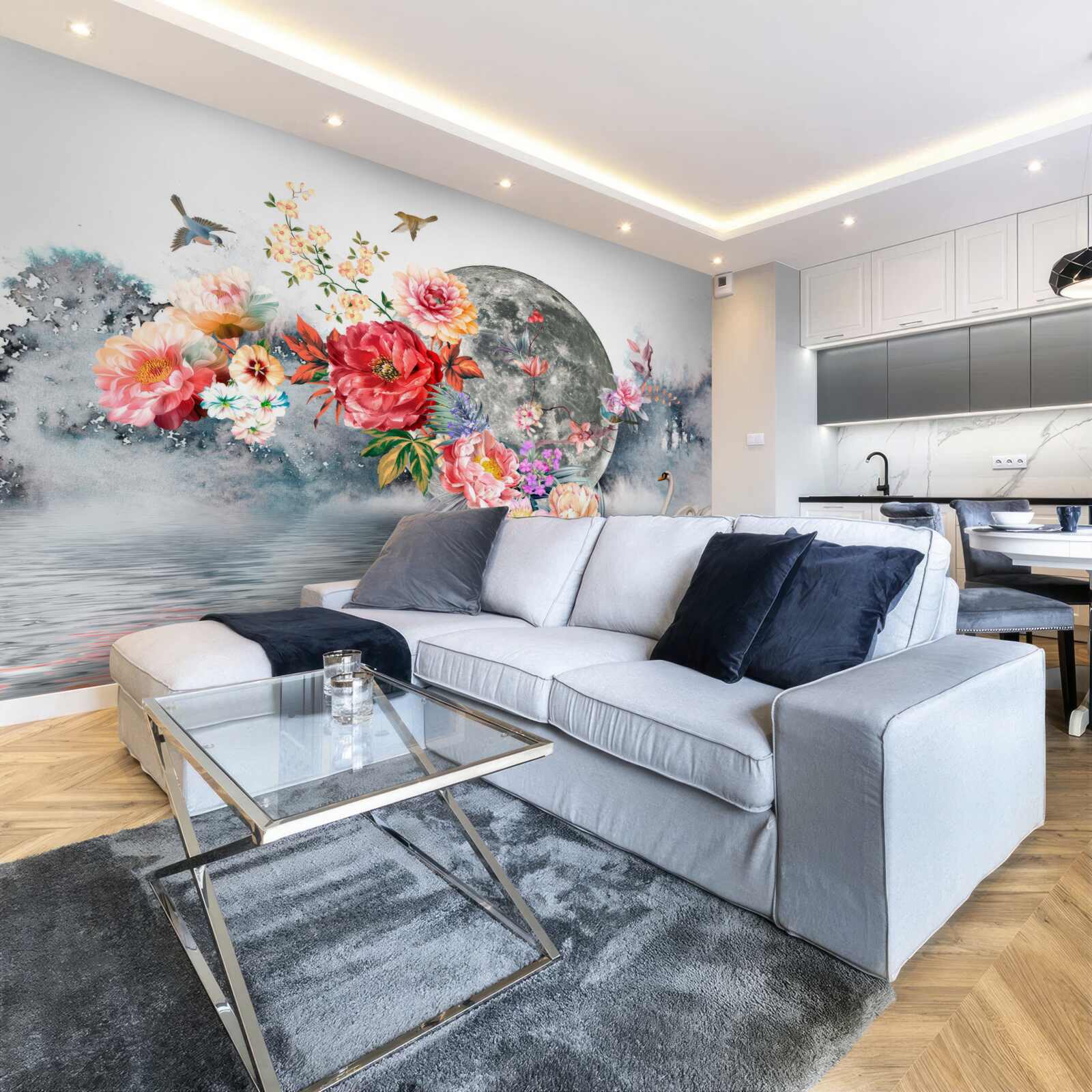 Fototapet flori, lună plină și păsări