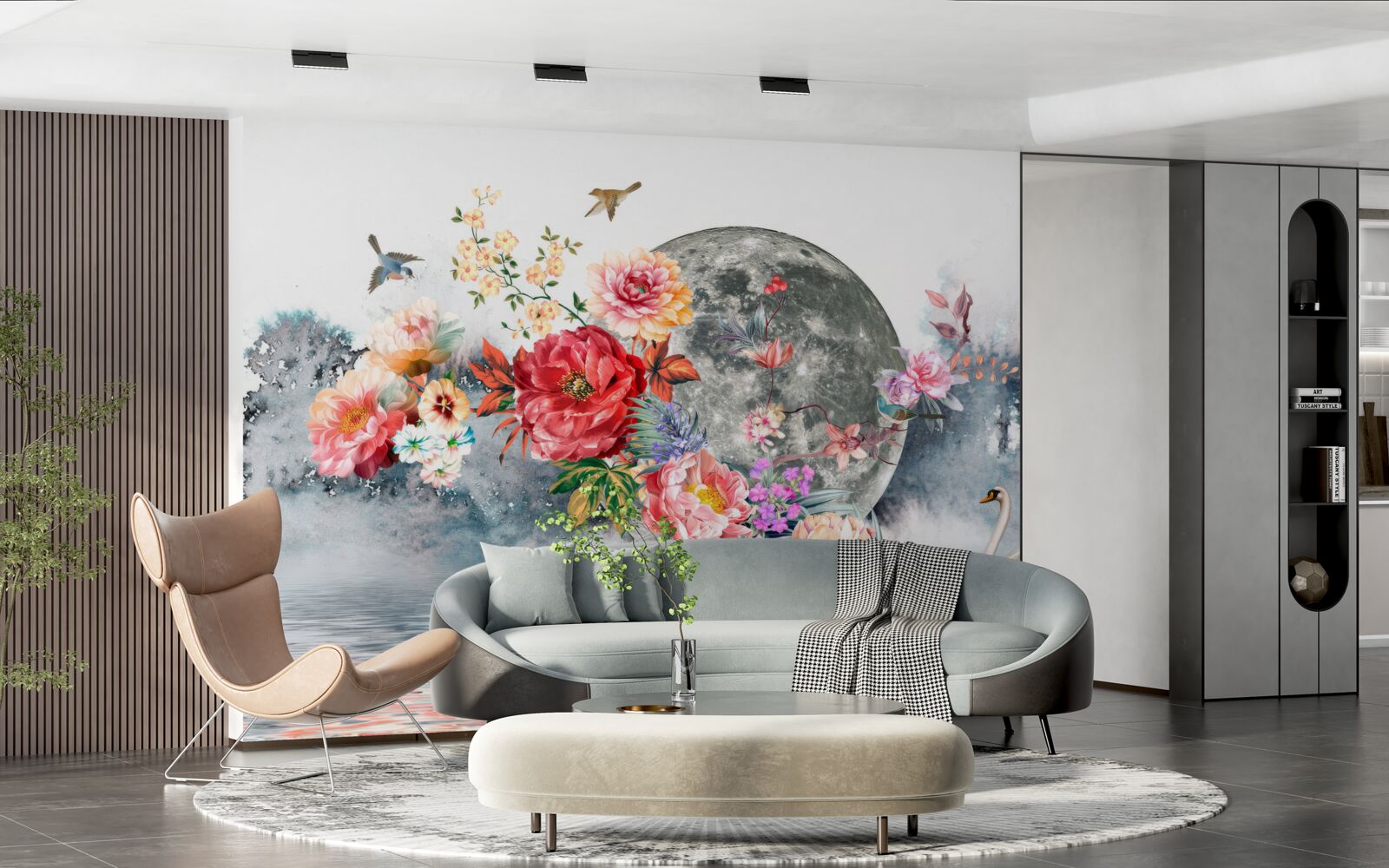 Fototapet flori, lună plină și păsări