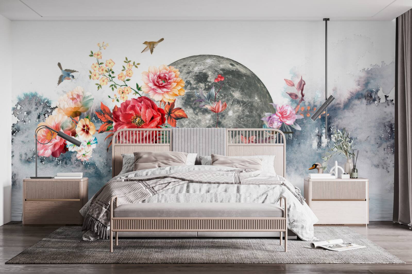 Fototapet flori, lună plină și păsări