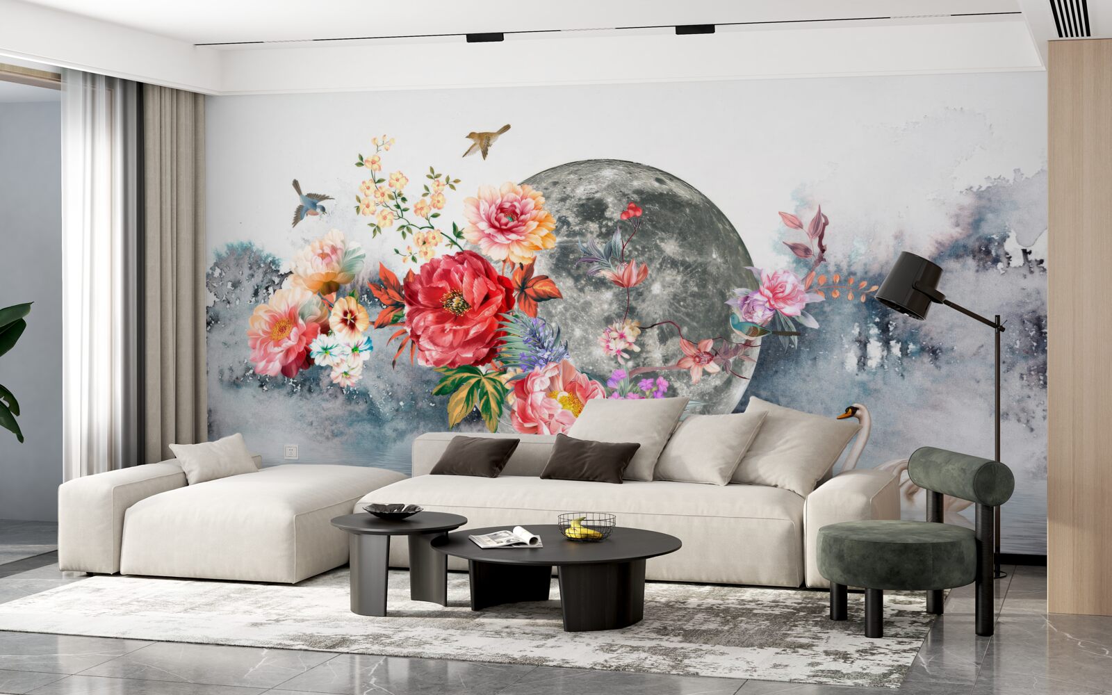 Fototapet flori, lună plină și păsări