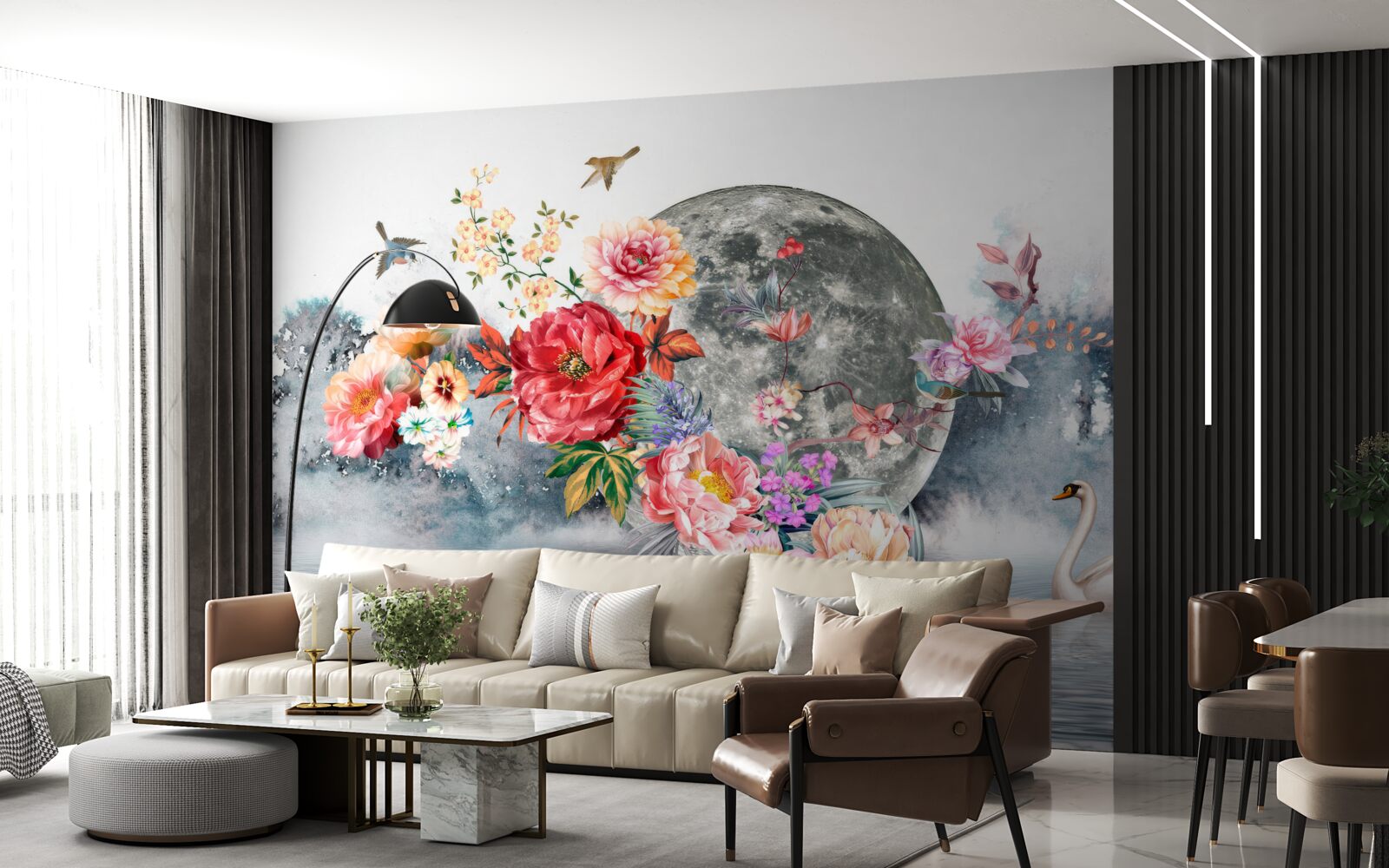 Fototapet flori, lună plină și păsări