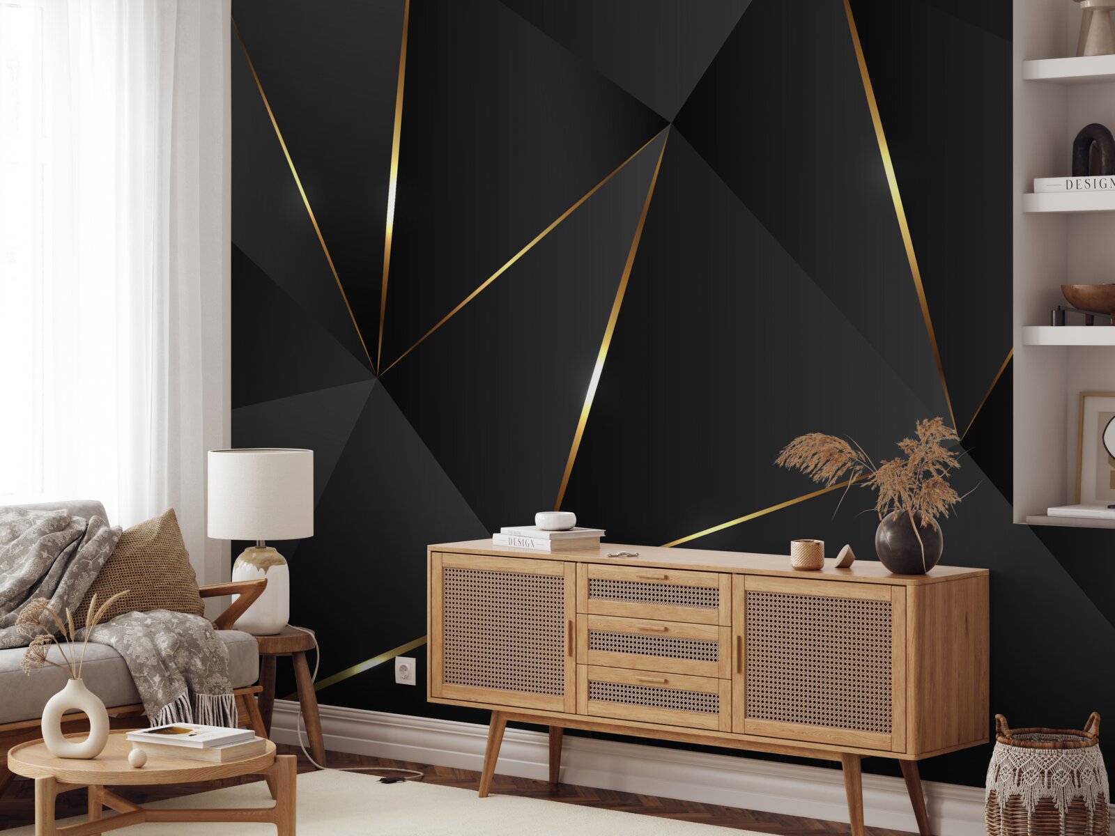 Fototapet figuri tridimensionale în nuanțe de negru și auriu