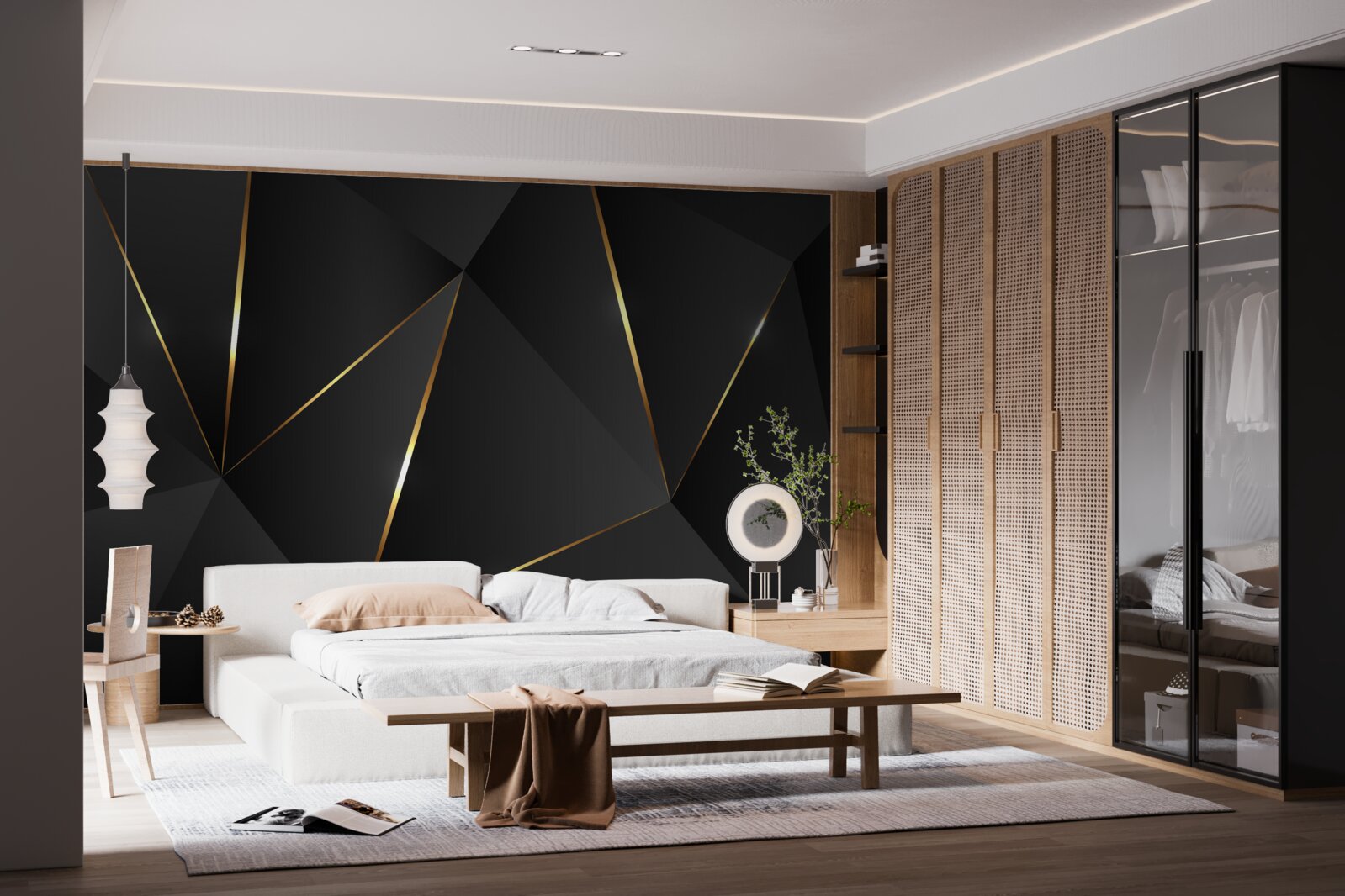 Fototapet figuri tridimensionale în nuanțe de negru și auriu