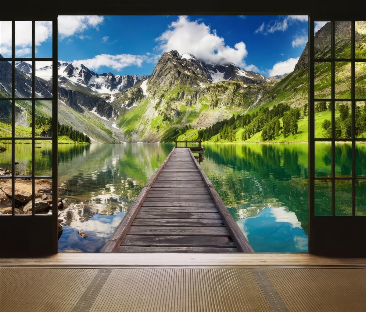 Fototapet peisajul montan care se deschide din fereastră