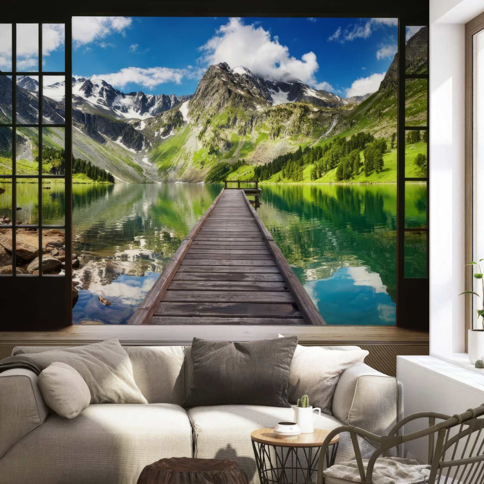Fototapet peisajul montan care se deschide din fereastră