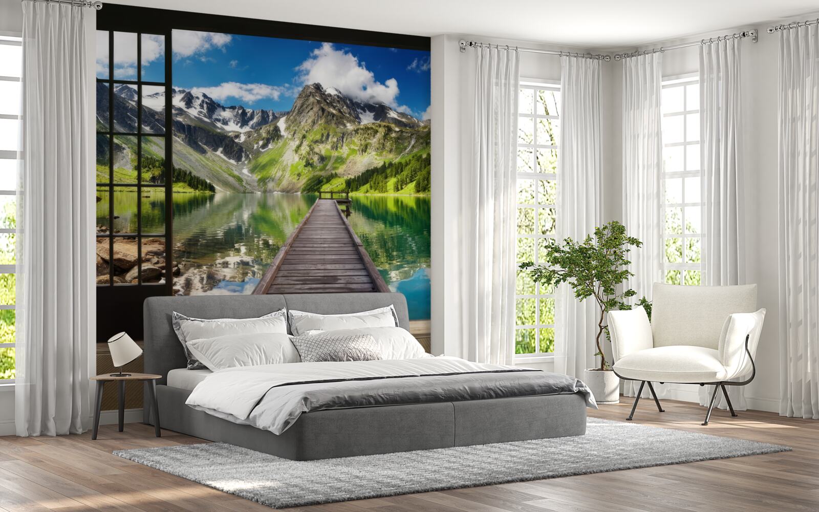 Fototapet peisajul montan care se deschide din fereastră