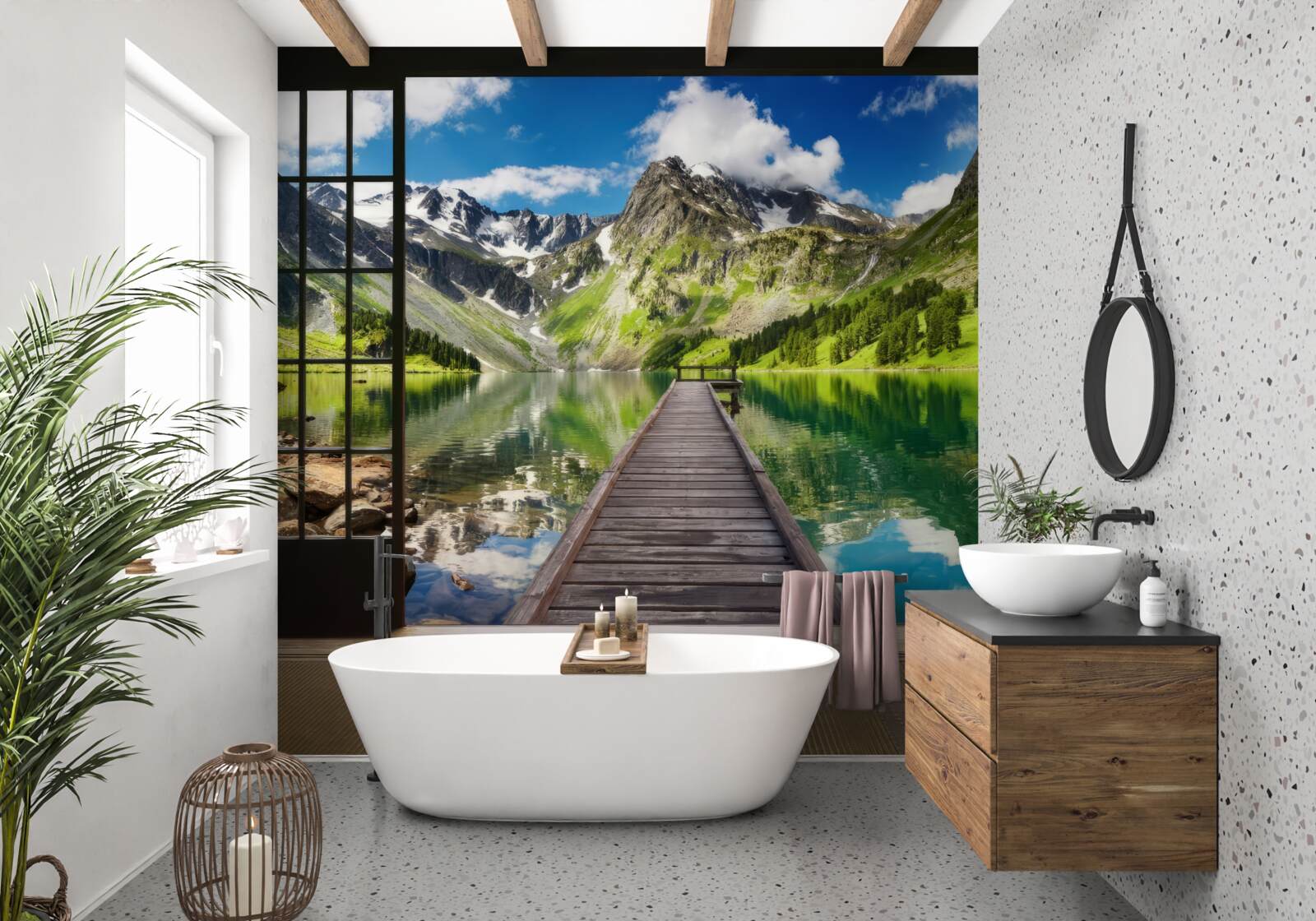 Fototapet peisajul montan care se deschide din fereastră