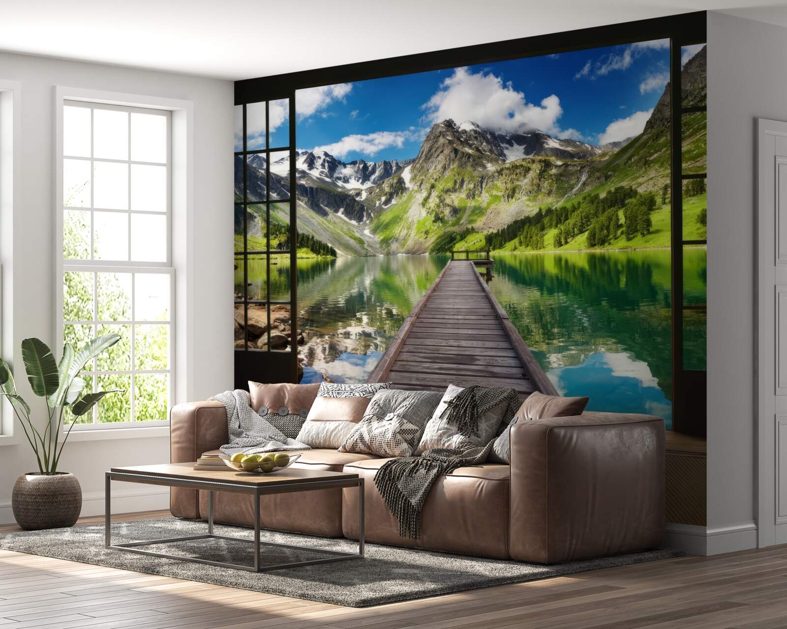 Fototapet peisajul montan care se deschide din fereastră