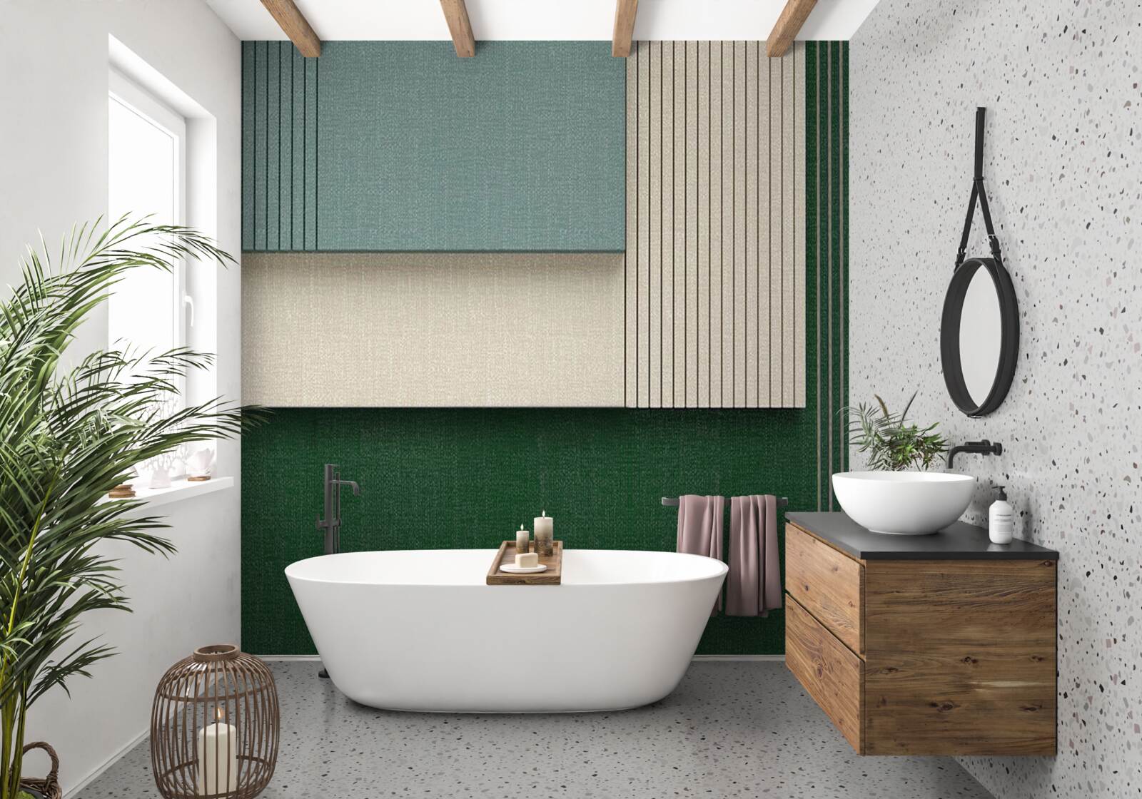 Fototapet pătrate în albastru, bej și verde